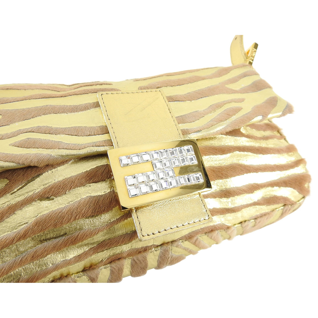Fendi Vintage 1990's Gold Leather and Calf Hair Jewel Baguette Bag