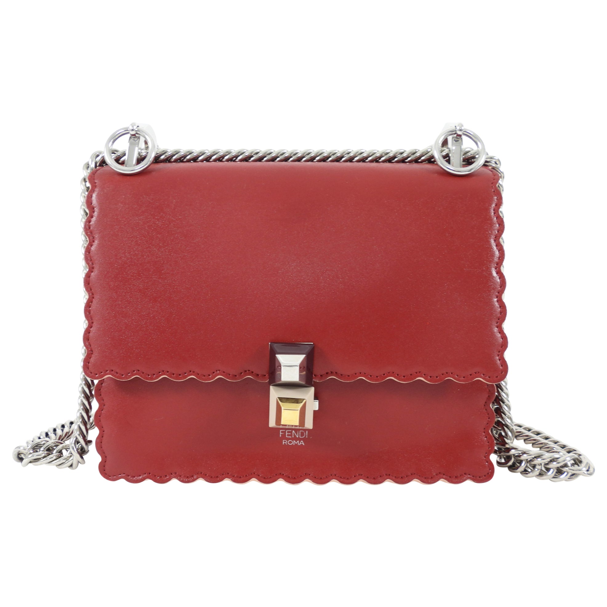 Fendi Red Leather Kan I Small Chain Flap Bag