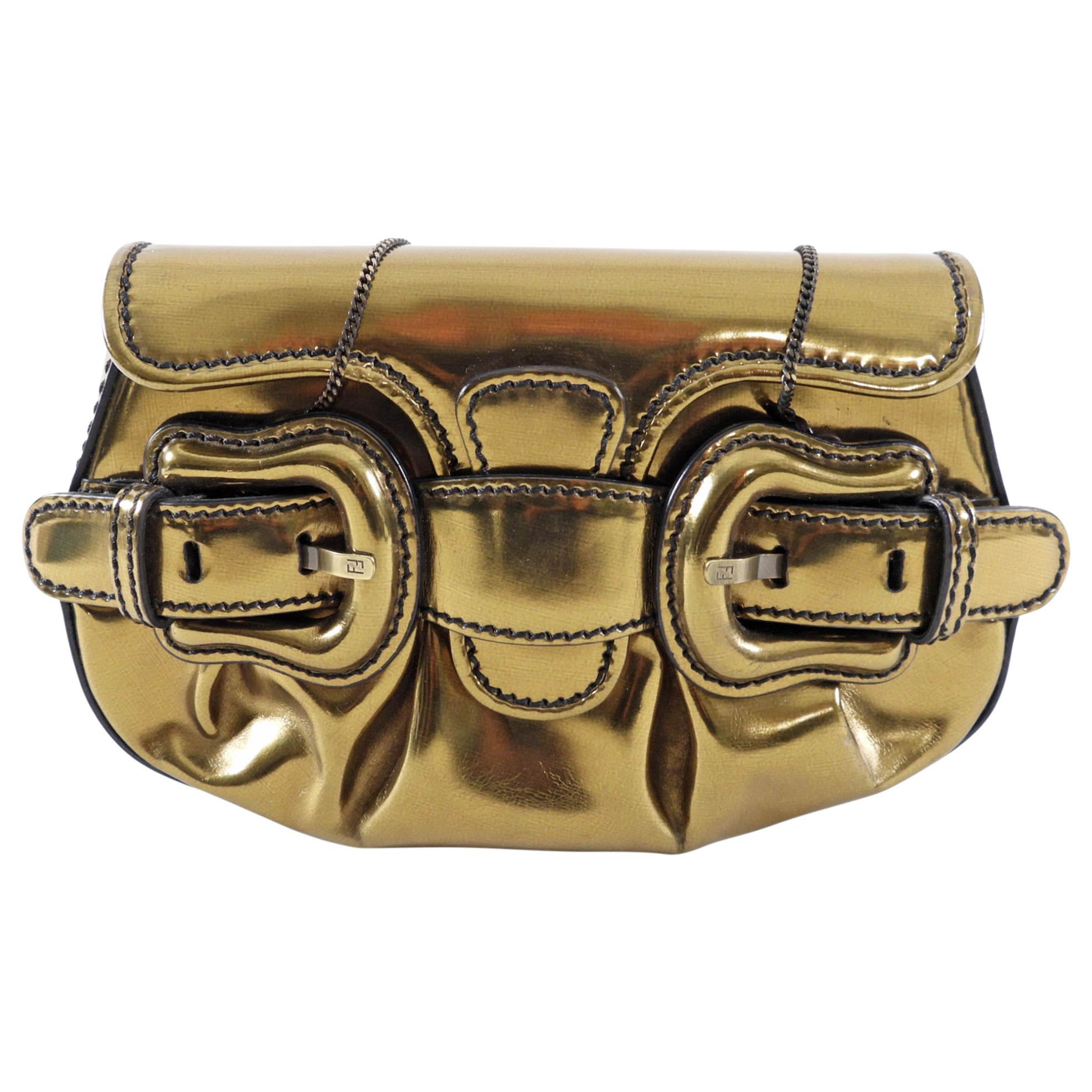 Fendi Bronze Leather Mini B Bis Bag with Chain Straps