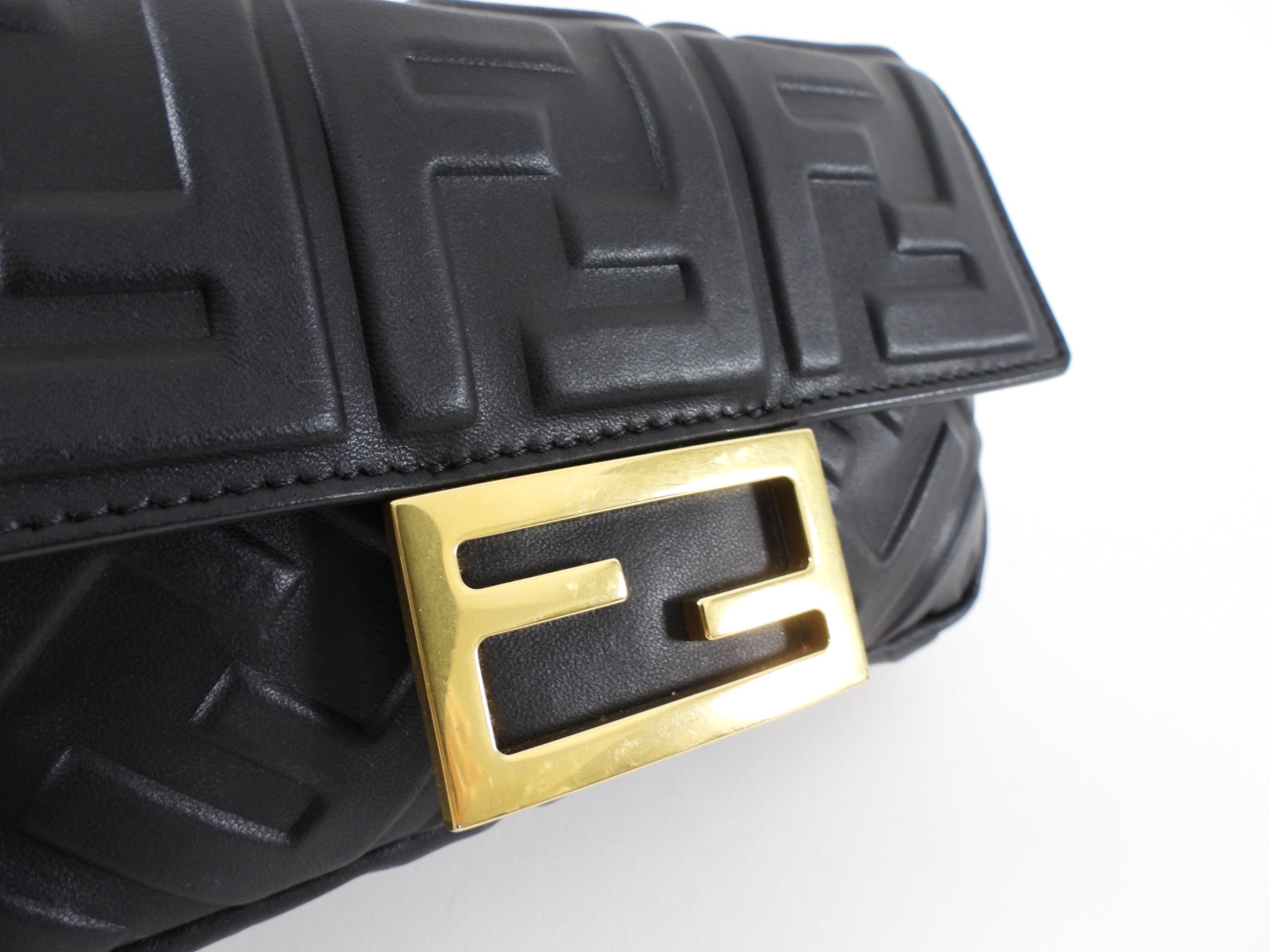Fendi Black Embossed FF Leather 1974 Mini Baguette Chain Bag