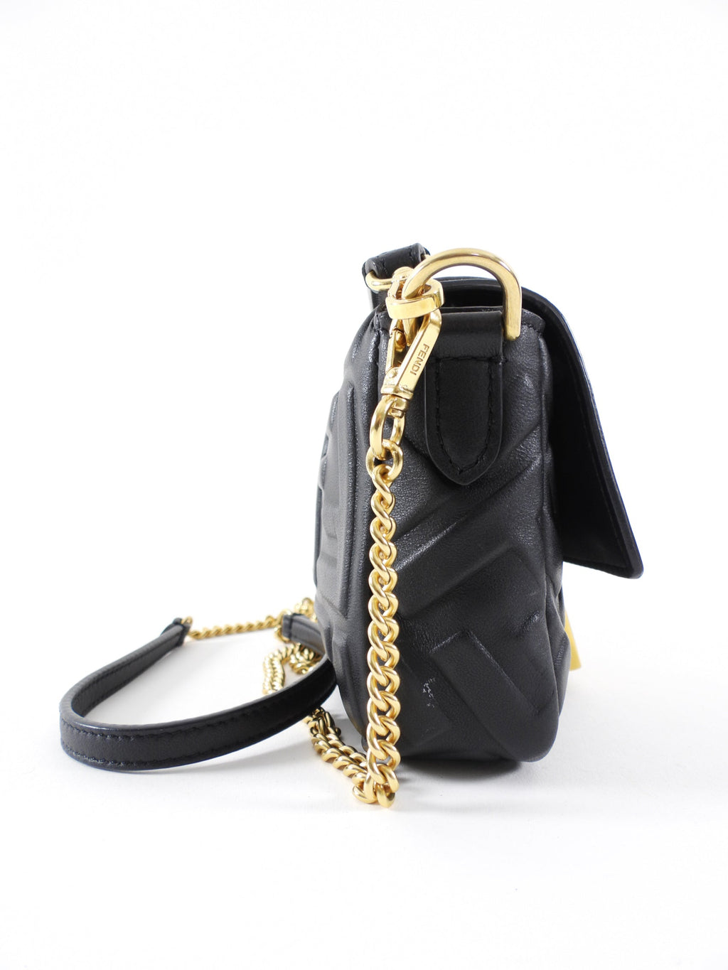 Fendi Black Embossed FF Leather 1974 Mini Baguette Chain Bag