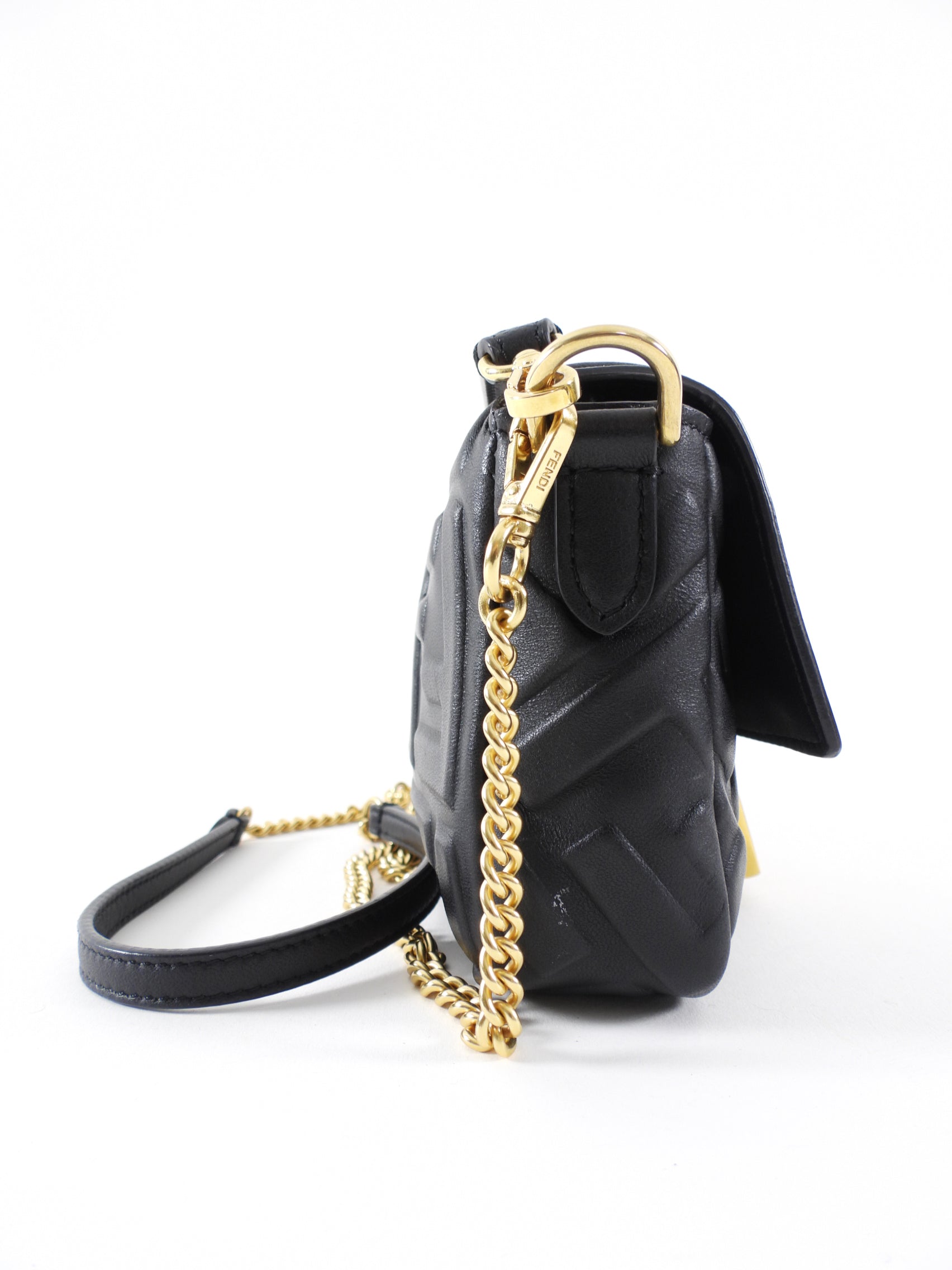 Fendi Black Embossed FF Leather 1974 Mini Baguette Chain Bag