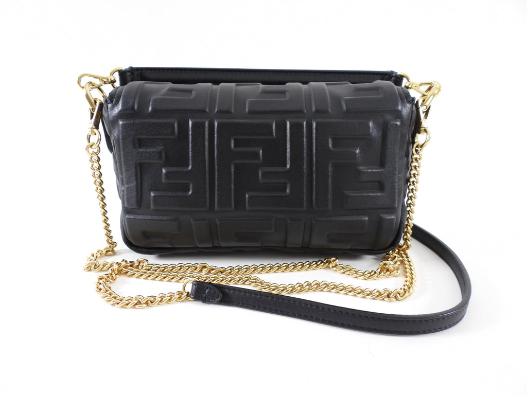 Fendi Black Embossed FF Leather 1974 Mini Baguette Chain Bag