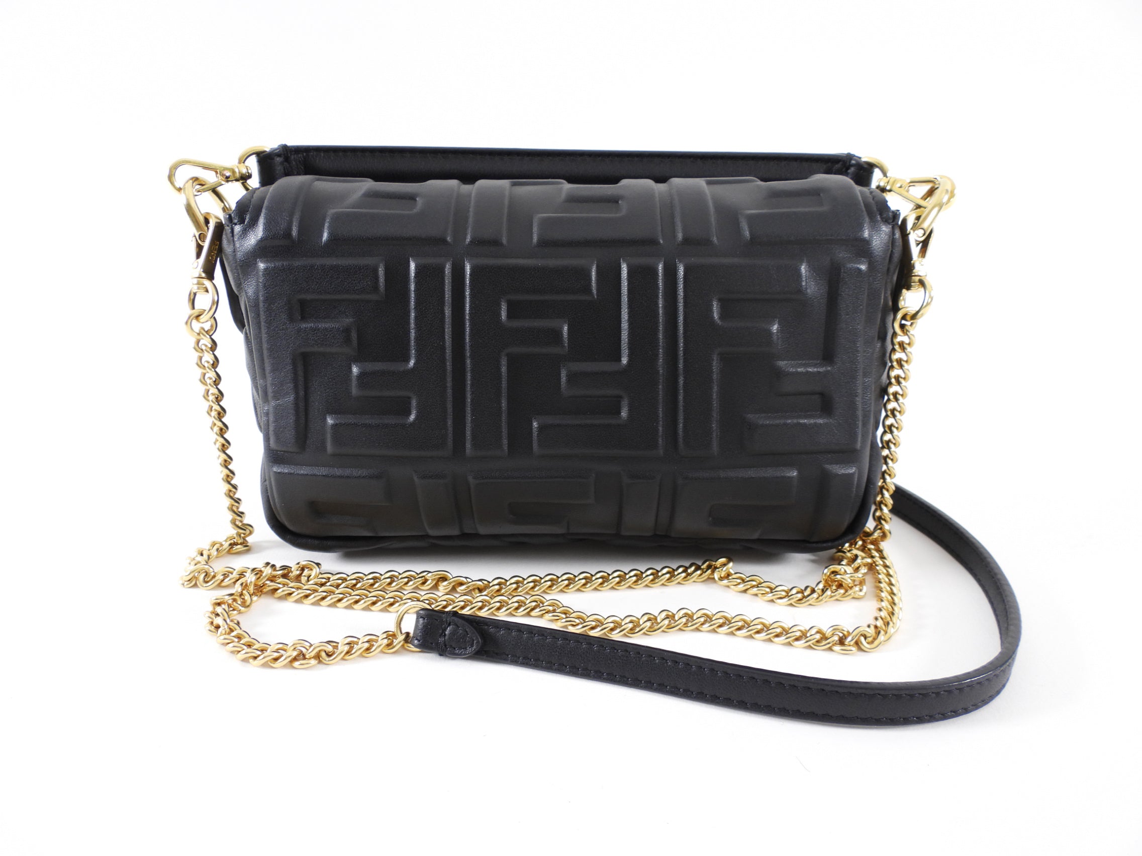 Fendi Black Embossed FF Leather 1974 Mini Baguette Chain Bag