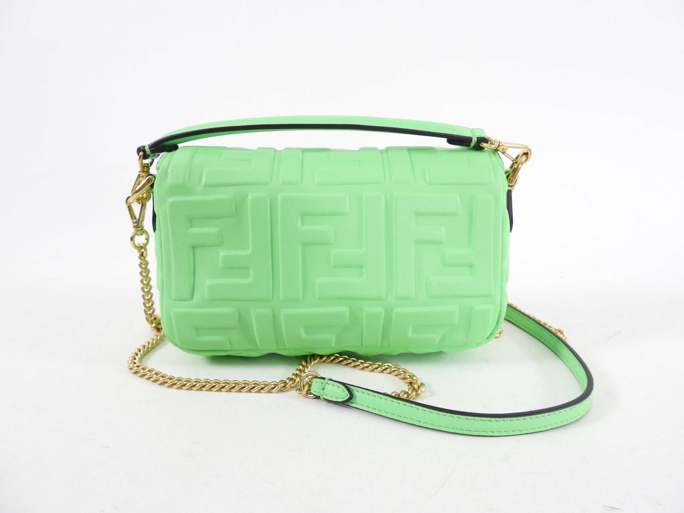 Fendi Edamame Bright Green Embossed Leather Mini Baguette Bag