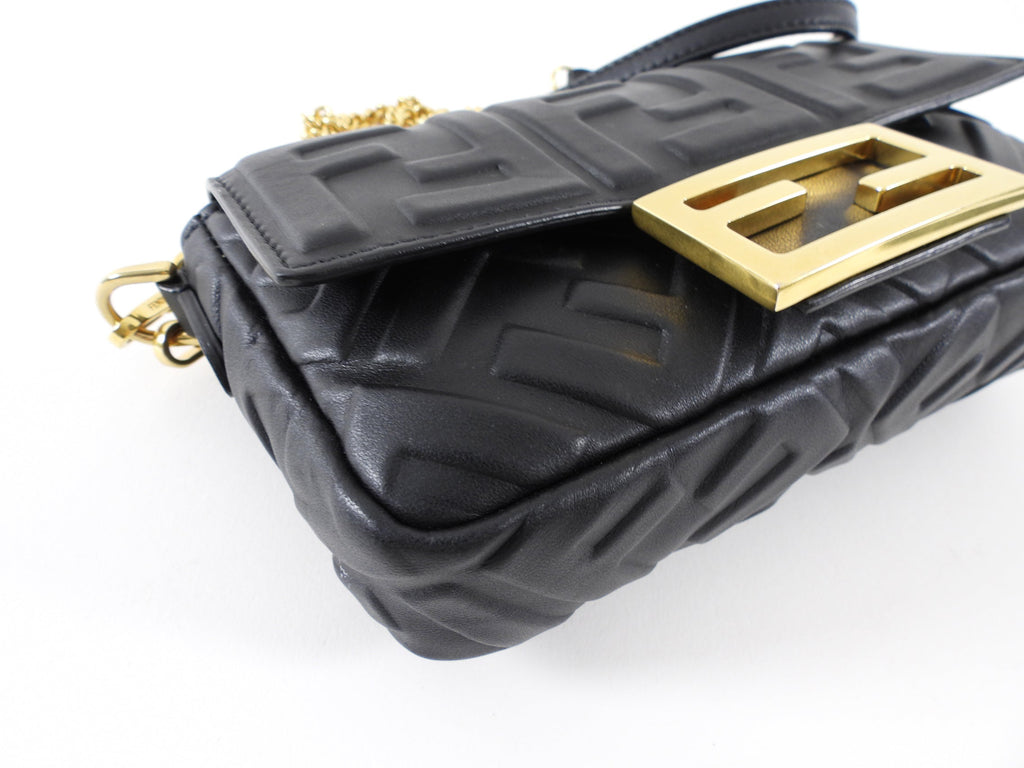 Fendi Black Embossed FF Leather 1974 Mini Baguette Chain Bag