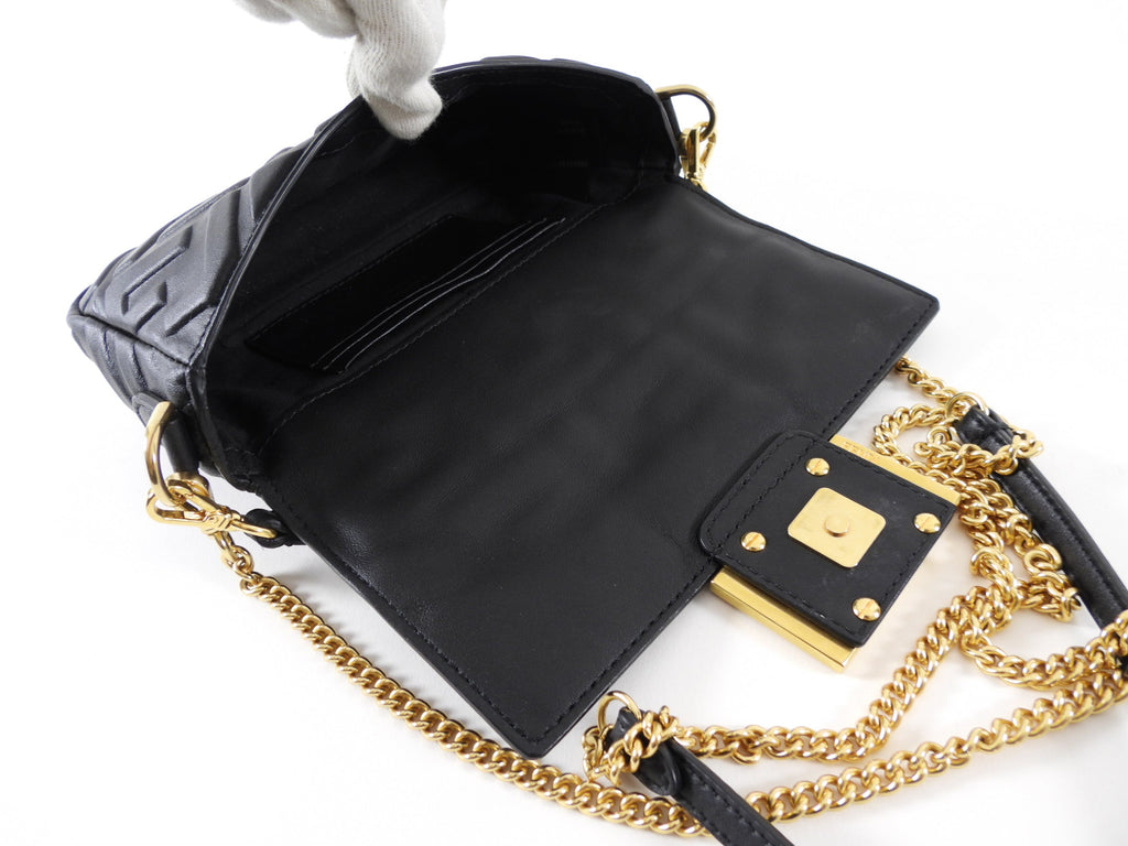 Fendi Black Embossed FF Leather 1974 Mini Baguette Chain Bag
