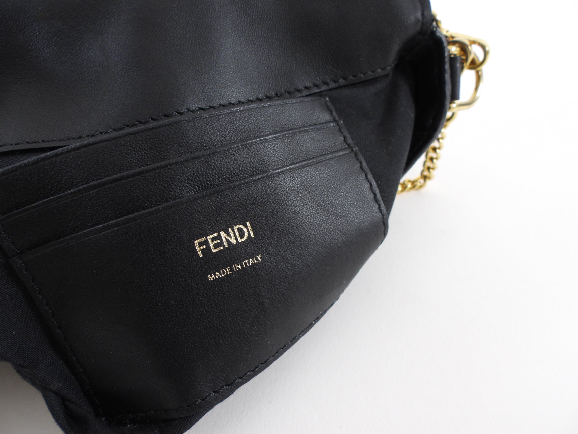 Fendi Black Embossed FF Leather 1974 Mini Baguette Chain Bag