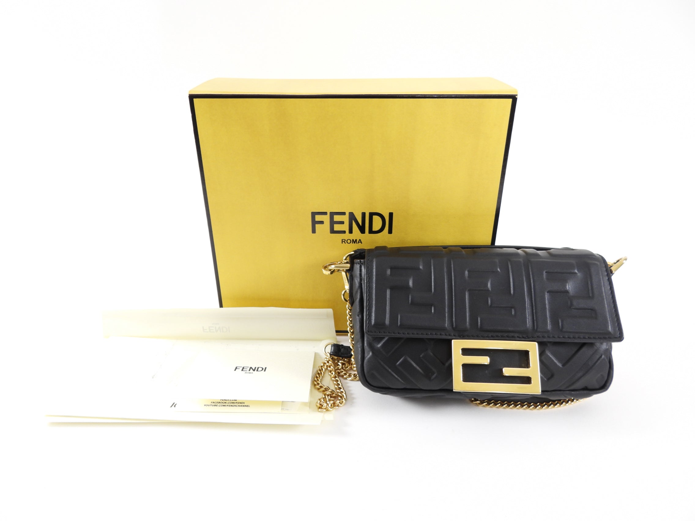 Fendi Black Embossed FF Leather 1974 Mini Baguette Chain Bag