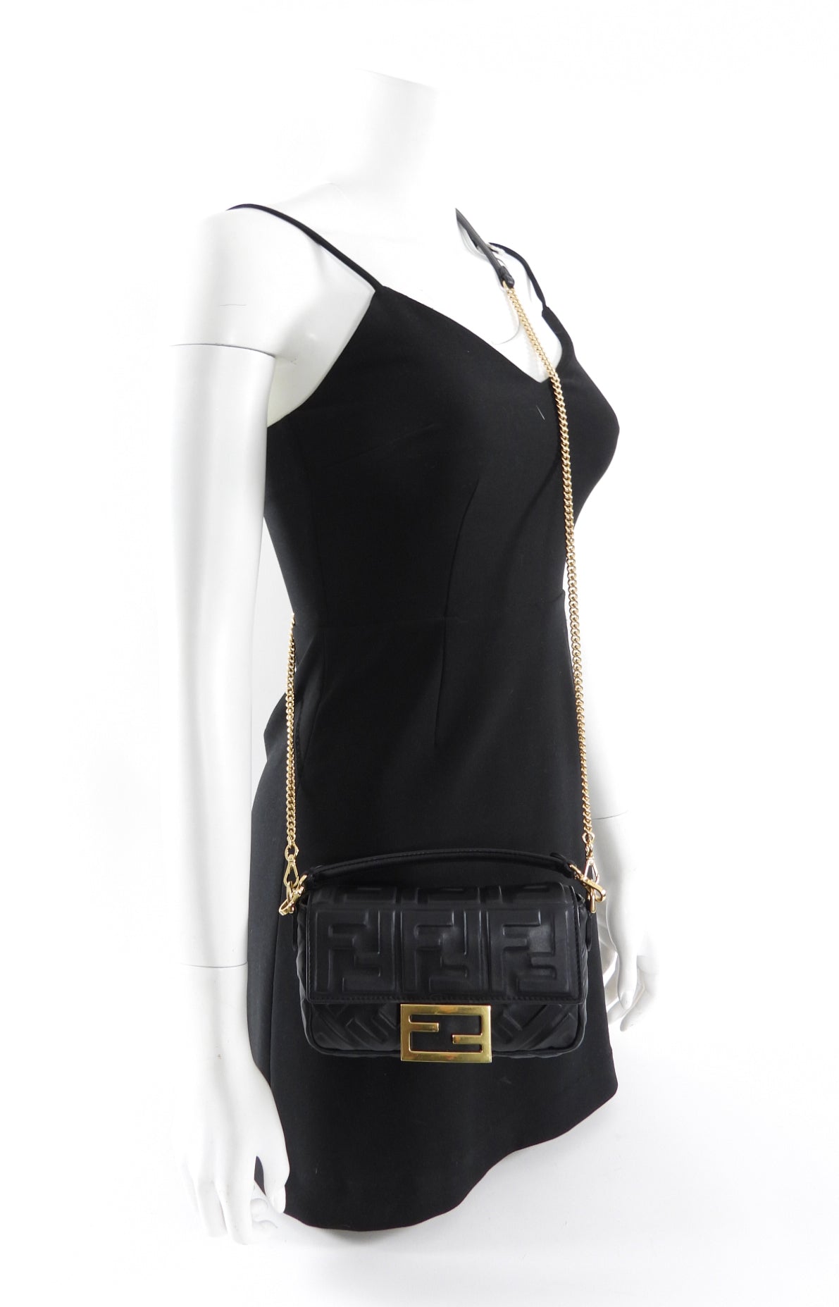 Fendi Black Embossed FF Leather 1974 Mini Baguette Chain Bag