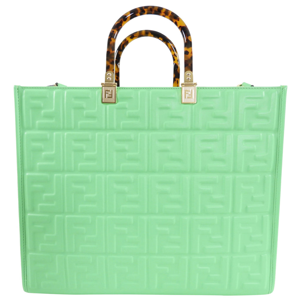 Fendi Edamame Green Leather Embossed Sunshine Tote Bag