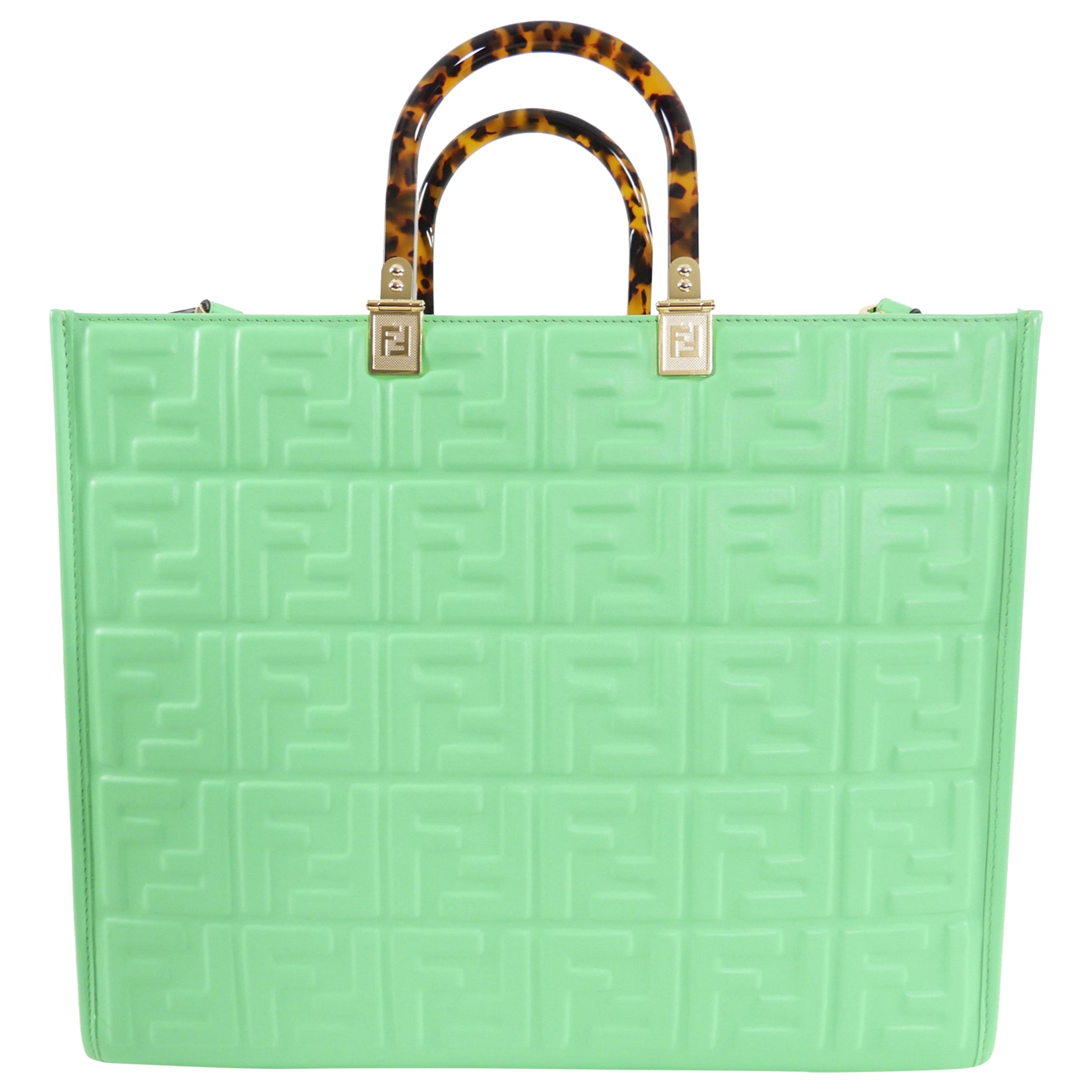Fendi Edamame Green Leather Embossed Sunshine Tote Bag