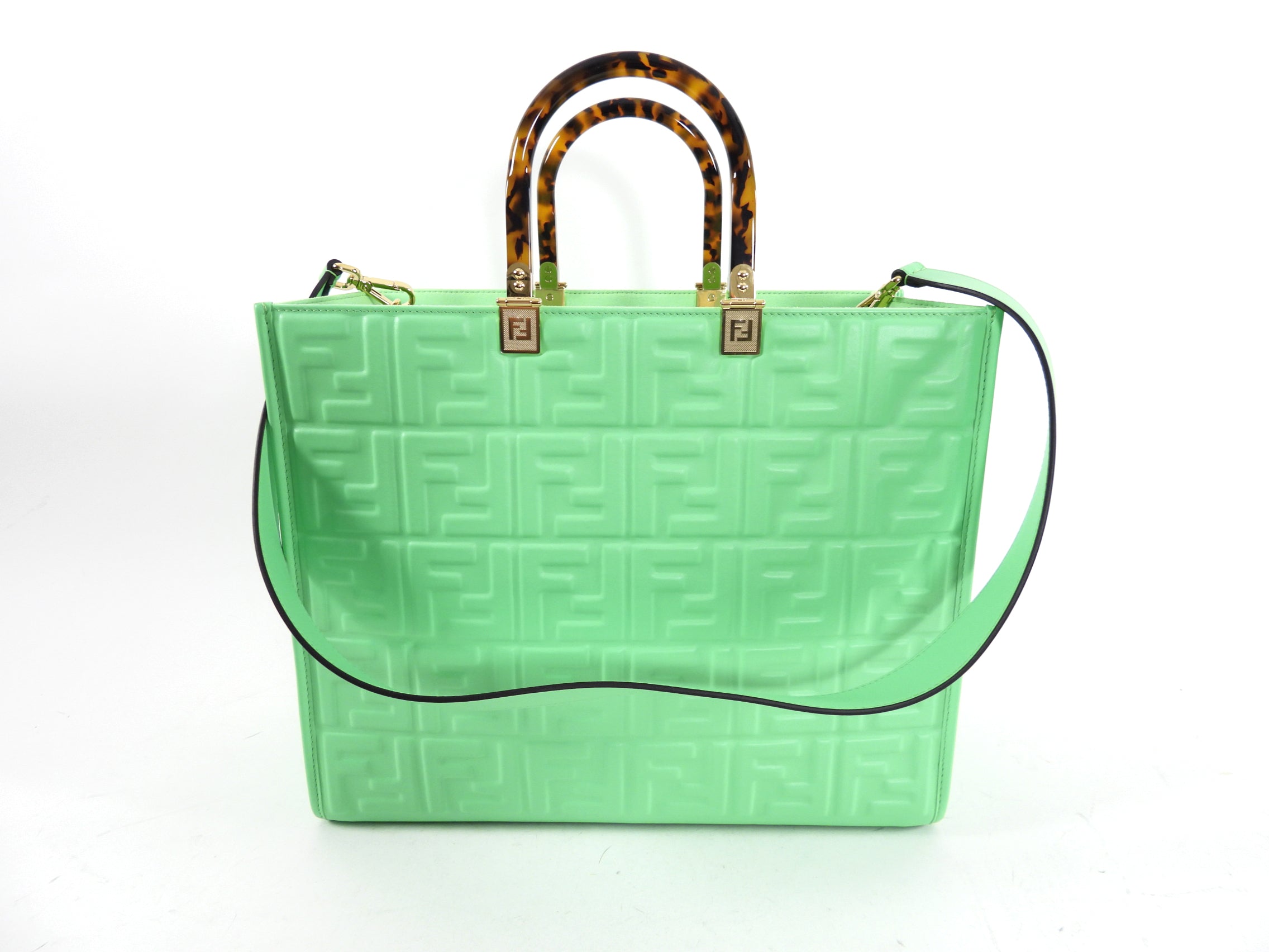 Fendi Edamame Green Leather Embossed Sunshine Tote Bag