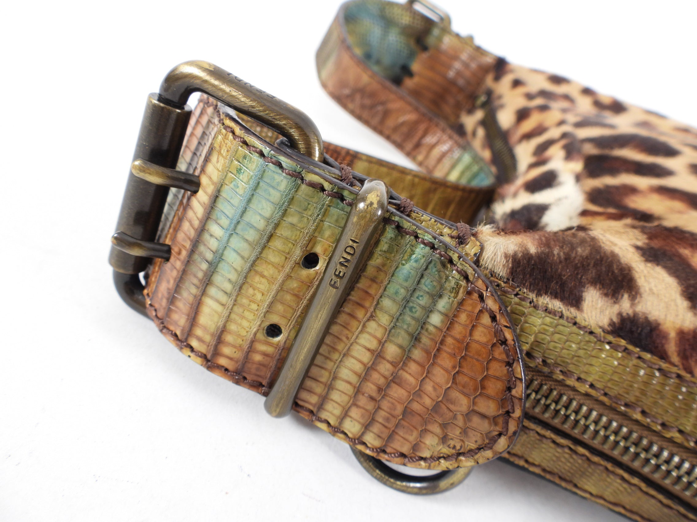 Fendi Vintage Early 2000’s Leopard Calf Hair and Zucca Oyster Bag