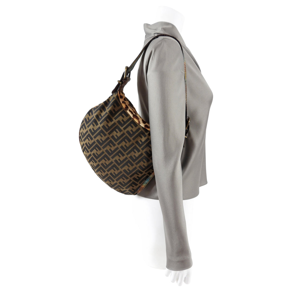Fendi Vintage Early 2000’s Leopard Calf Hair and Zucca Oyster Bag