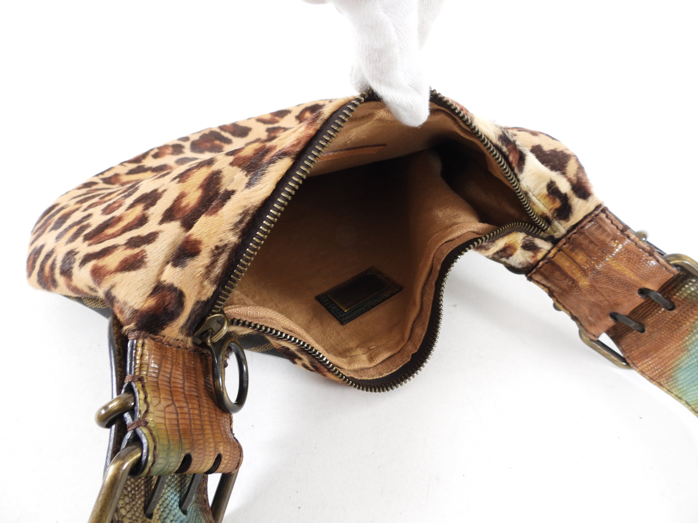 Fendi Vintage Early 2000’s Leopard Calf Hair and Zucca Oyster Bag