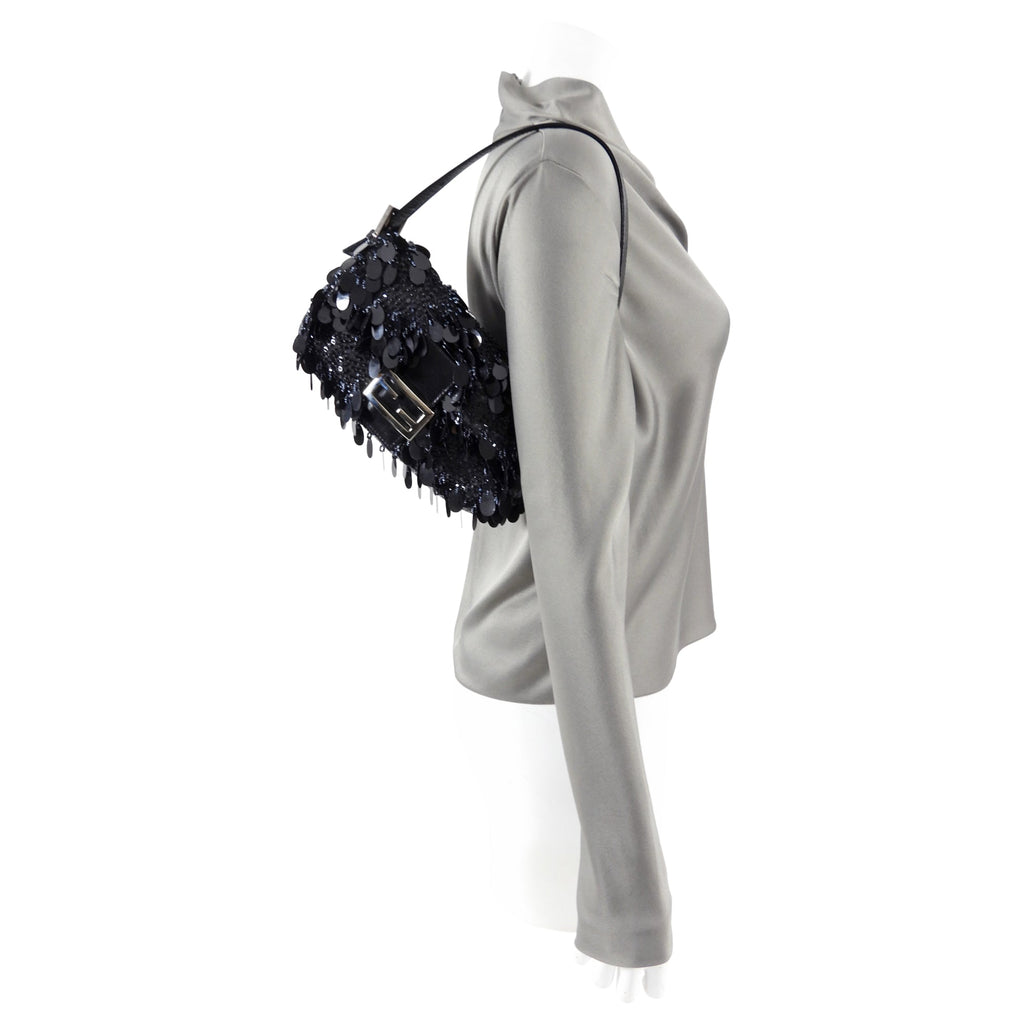 Fendi Vintage Black Bead Paillette Baguette Bag