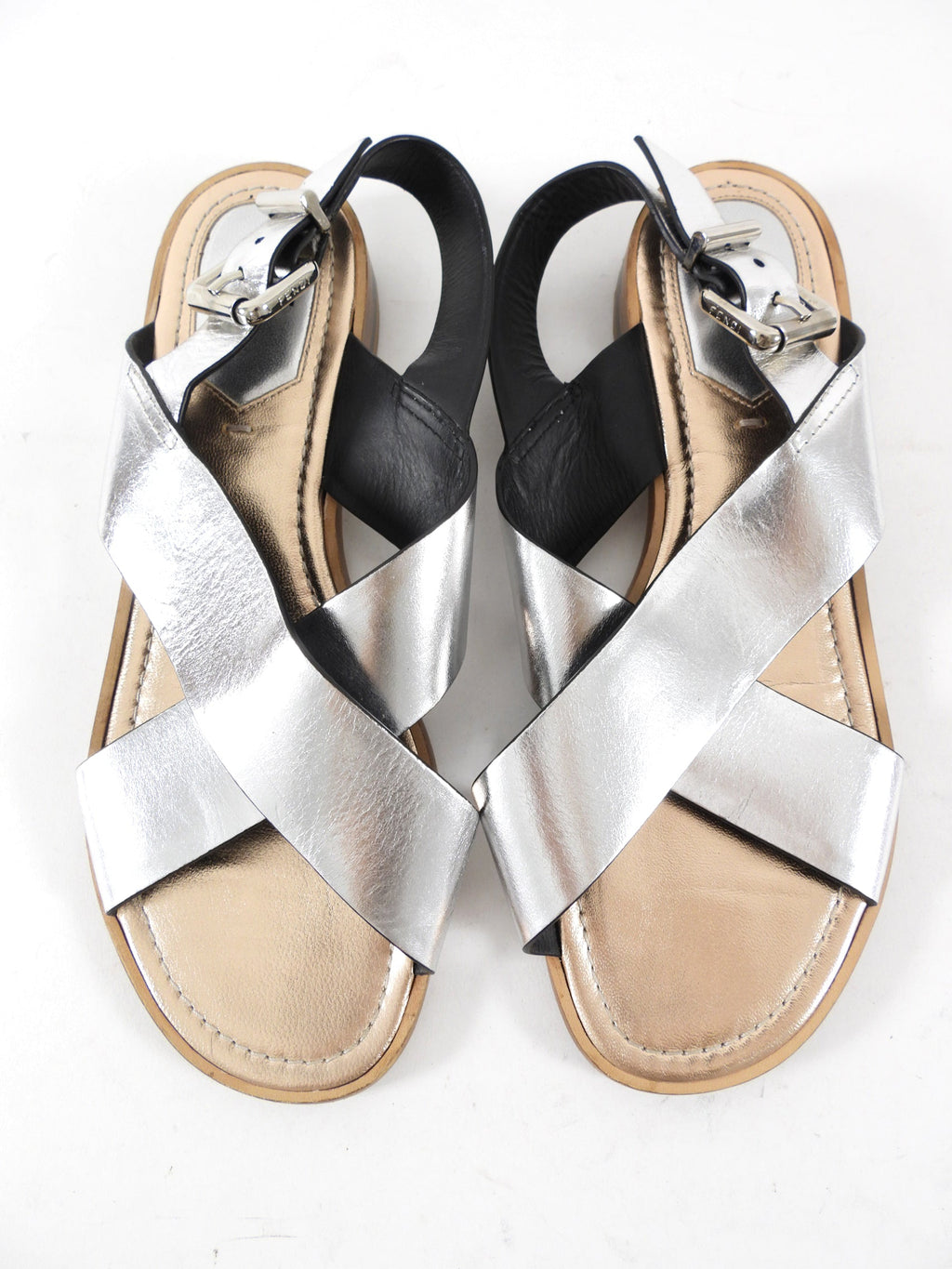 Fendi Silver Metallic Crossover Flat Sandals - 37