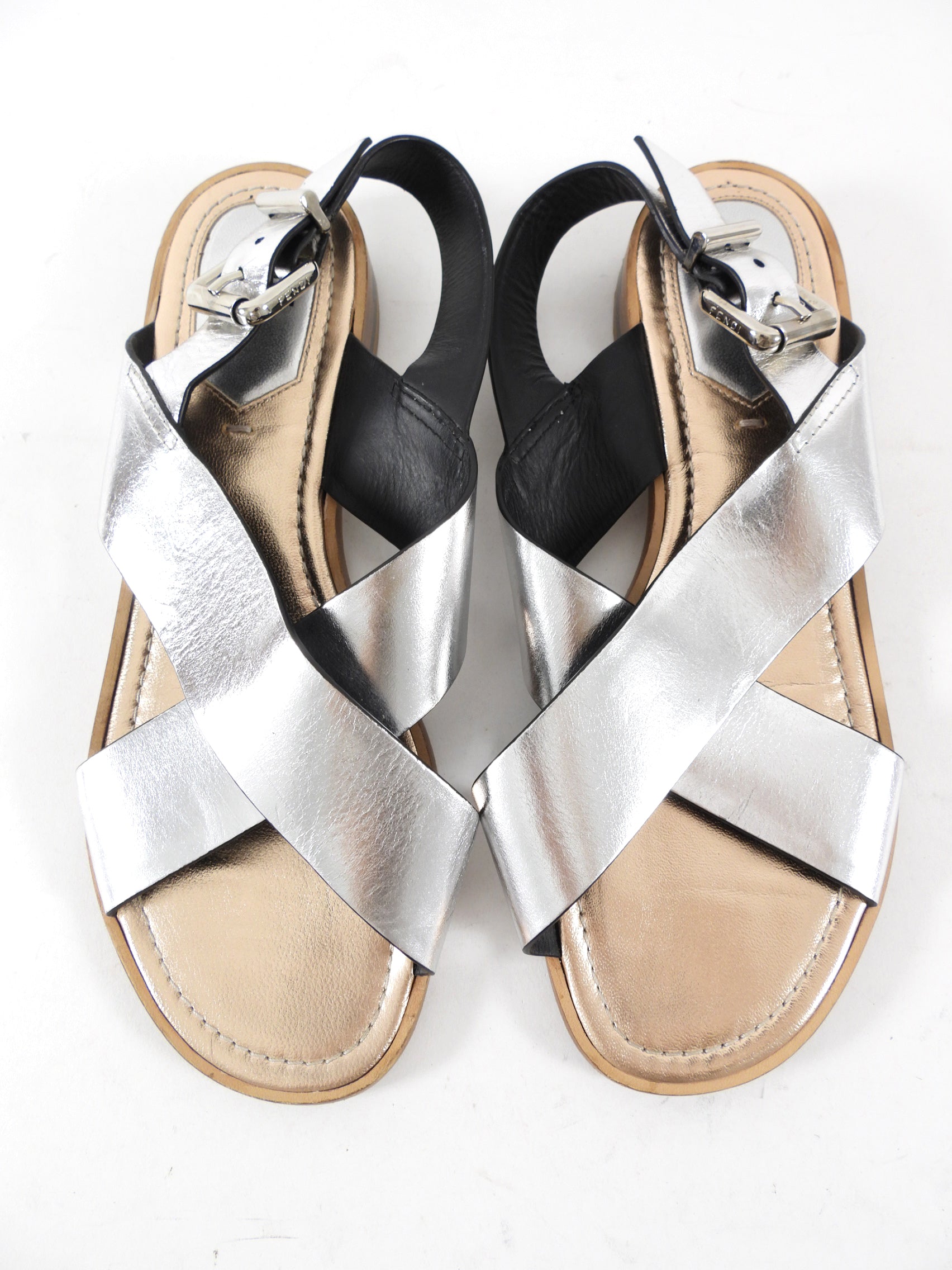 Fendi Silver Metallic Crossover Flat Sandals - 37