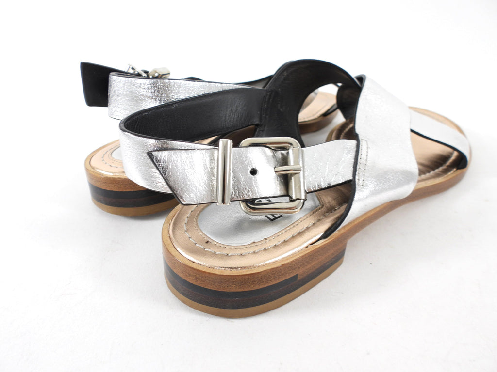 Fendi Silver Metallic Crossover Flat Sandals - 37
