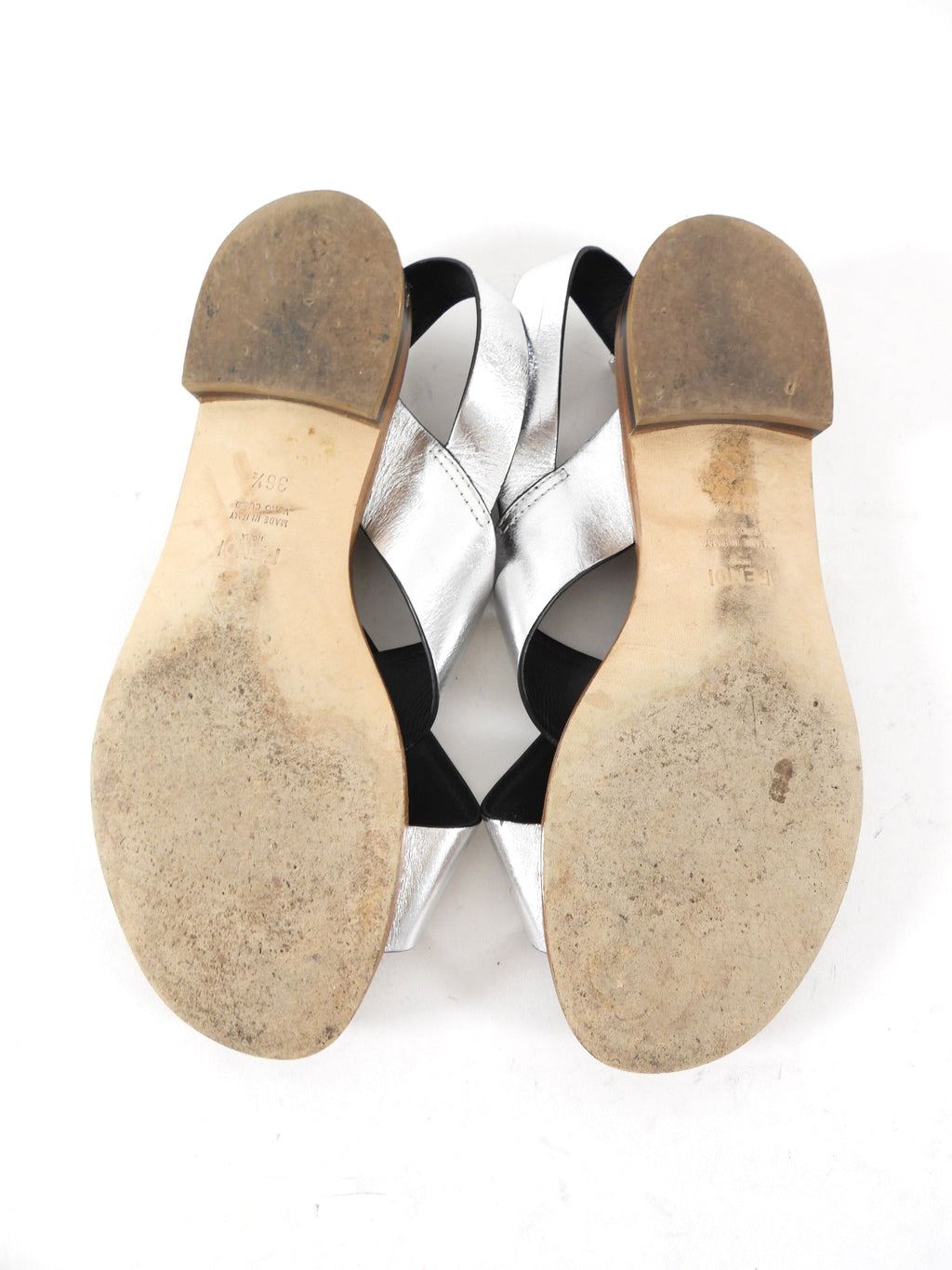 Fendi Silver Metallic Crossover Flat Sandals - 37
