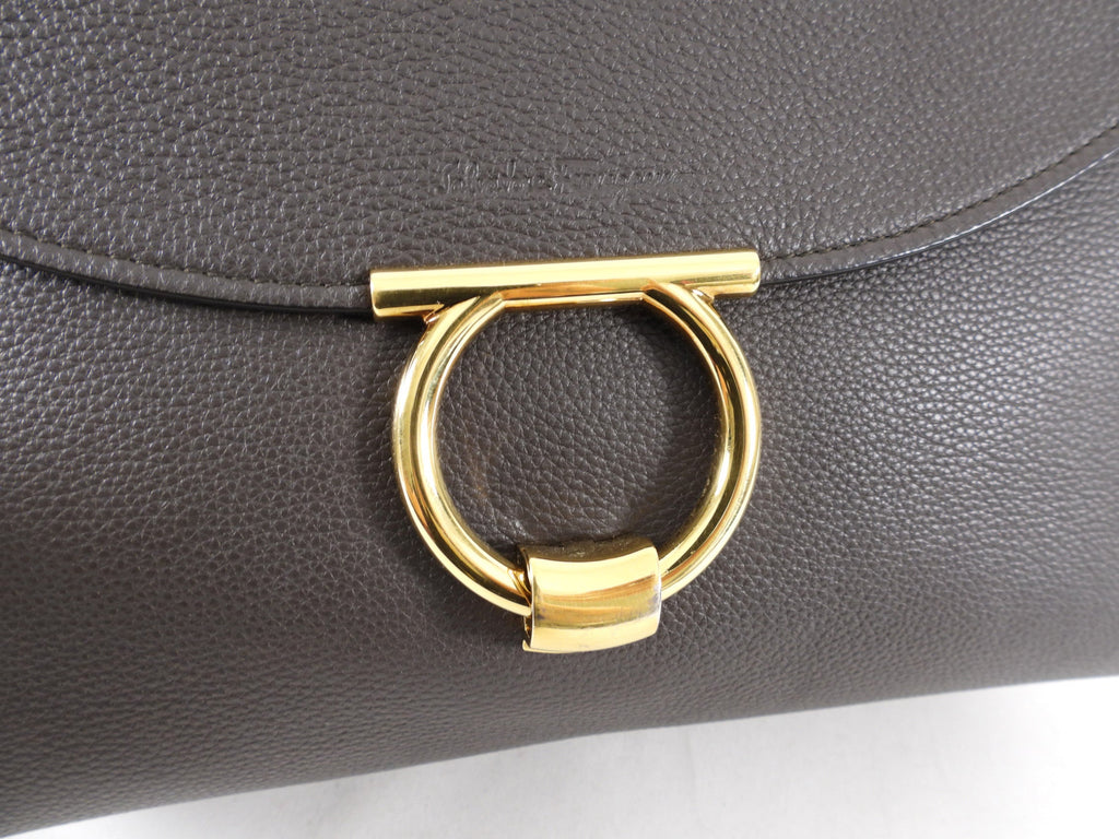 Ferragamo Dark Taupe Leather Two-Way Leather Bag