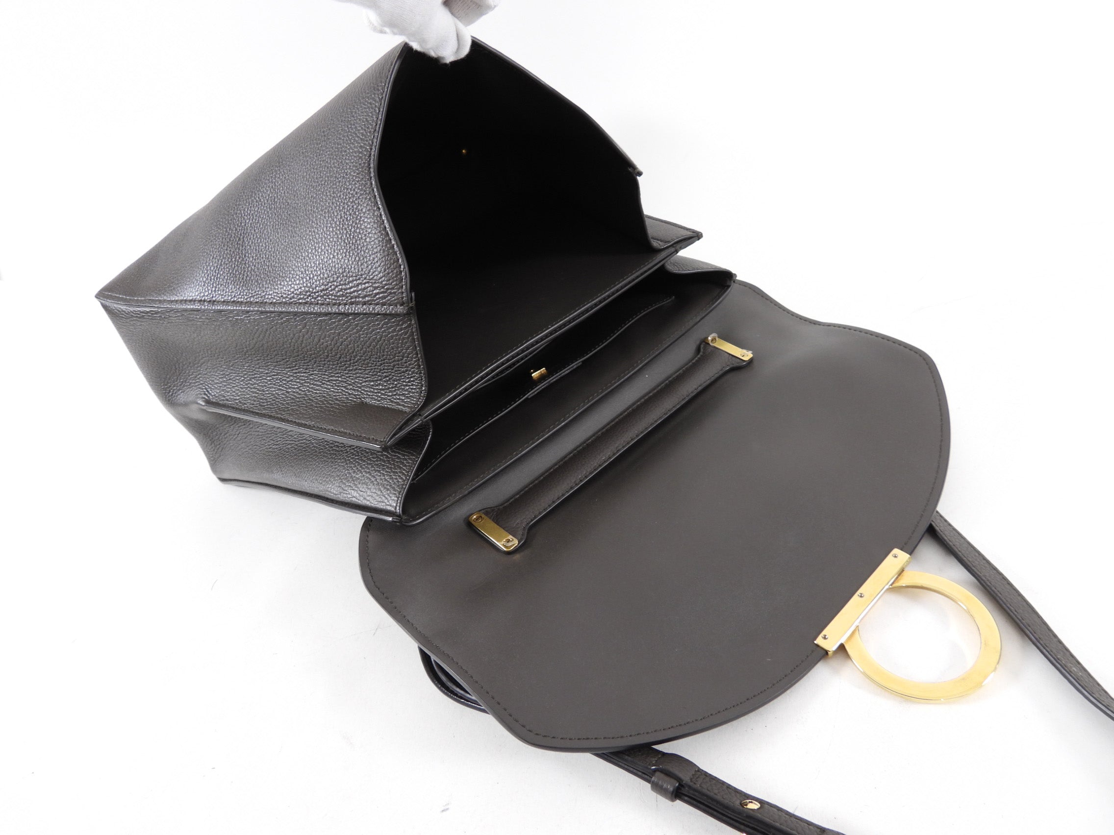 Ferragamo Dark Taupe Leather Two-Way Leather Bag