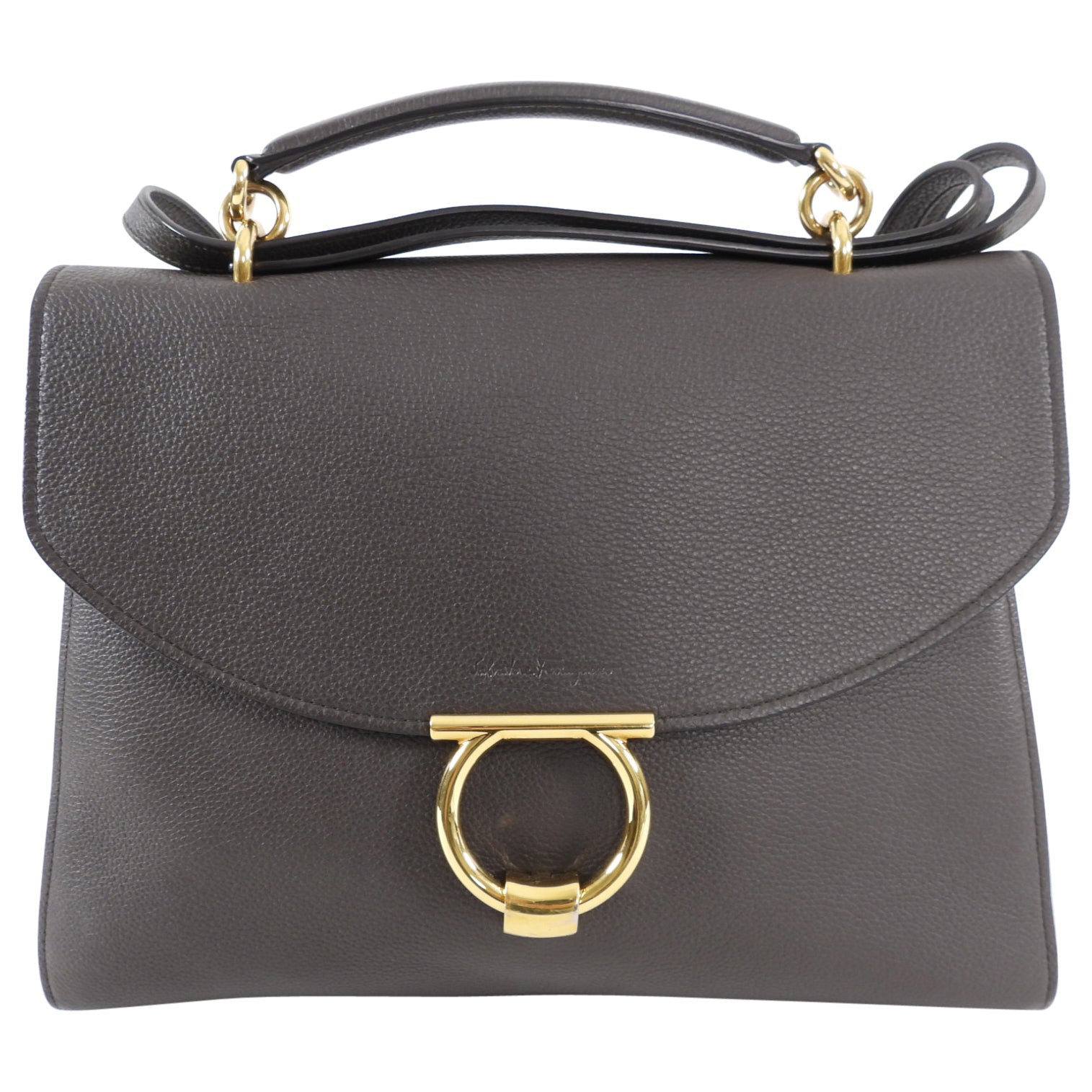 Ferragamo Dark Taupe Leather Two-Way Leather Bag