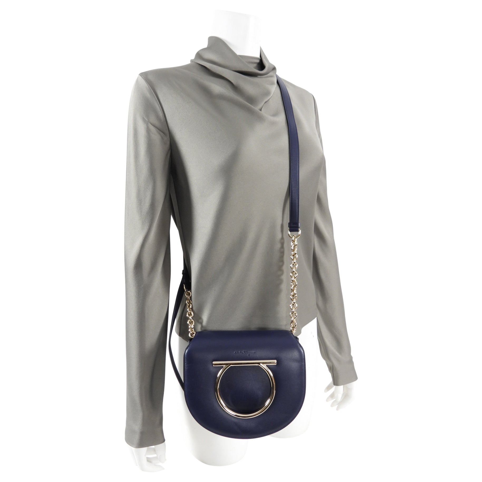 Ferragamo Navy Smooth Leather Vela Crossbody Bag