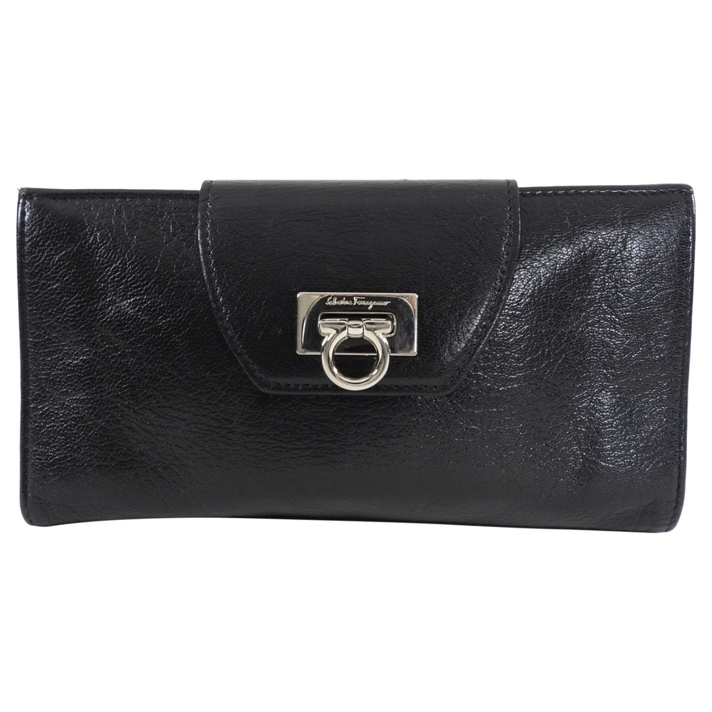 Ferragamo Black Leather Marisa Long Wallet