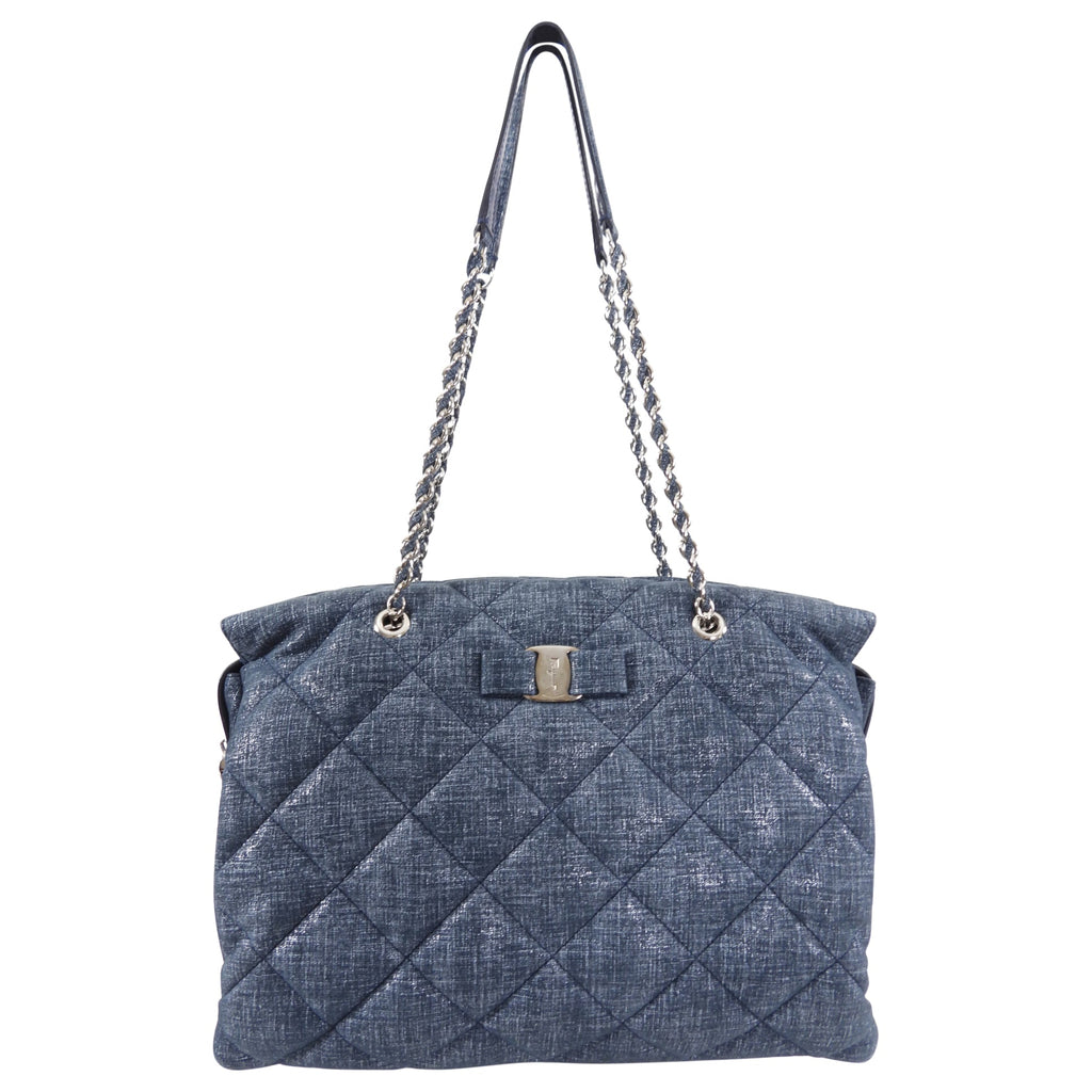 Ferragamo Blue Quilted Large Ginette Shoulder Bag