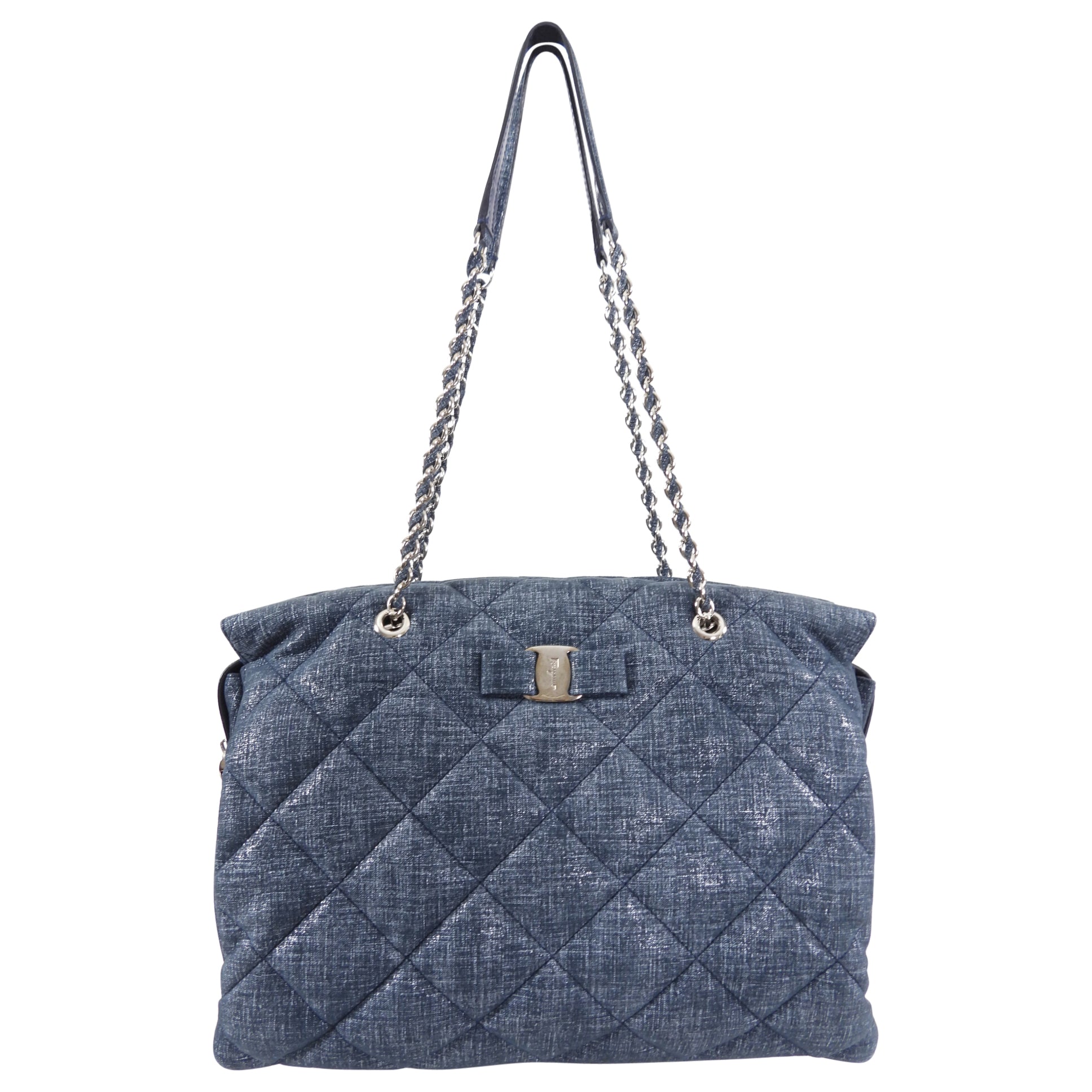 Ferragamo Blue Quilted Large Ginette Shoulder Bag