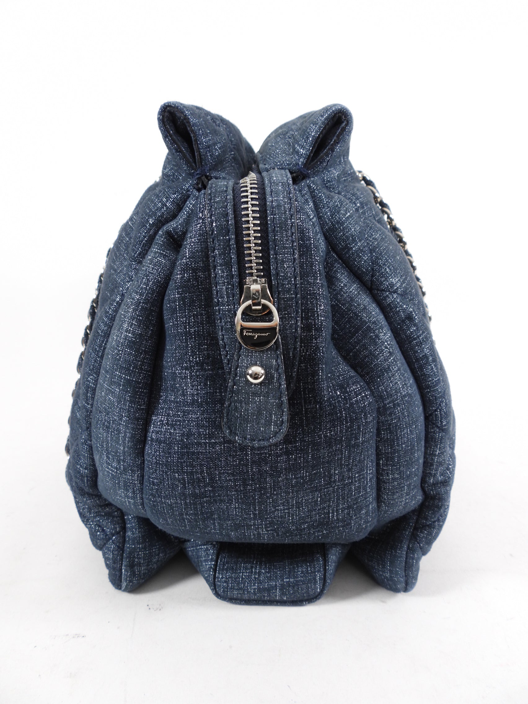 Ferragamo Blue Quilted Large Ginette Shoulder Bag