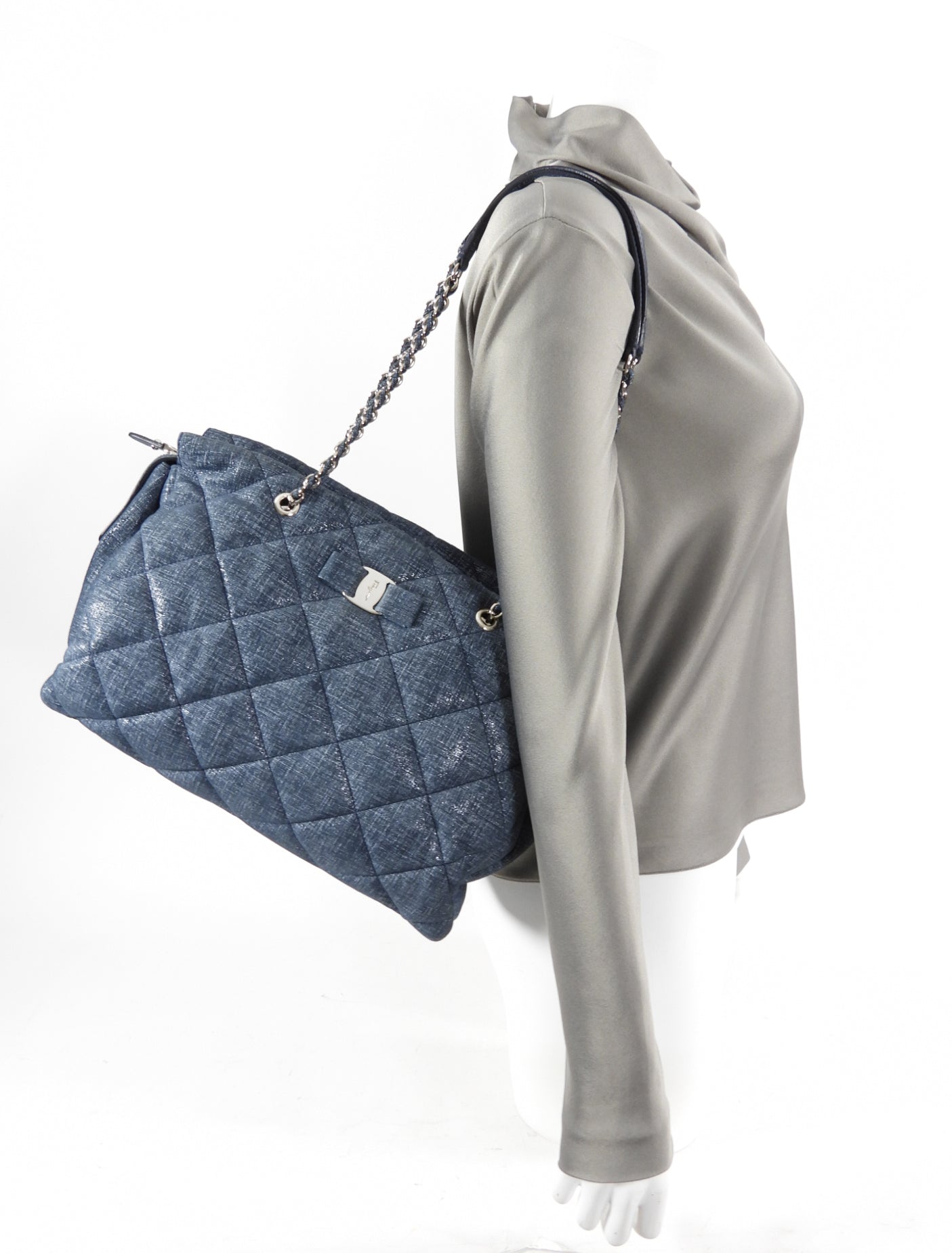 Ferragamo Blue Quilted Large Ginette Shoulder Bag