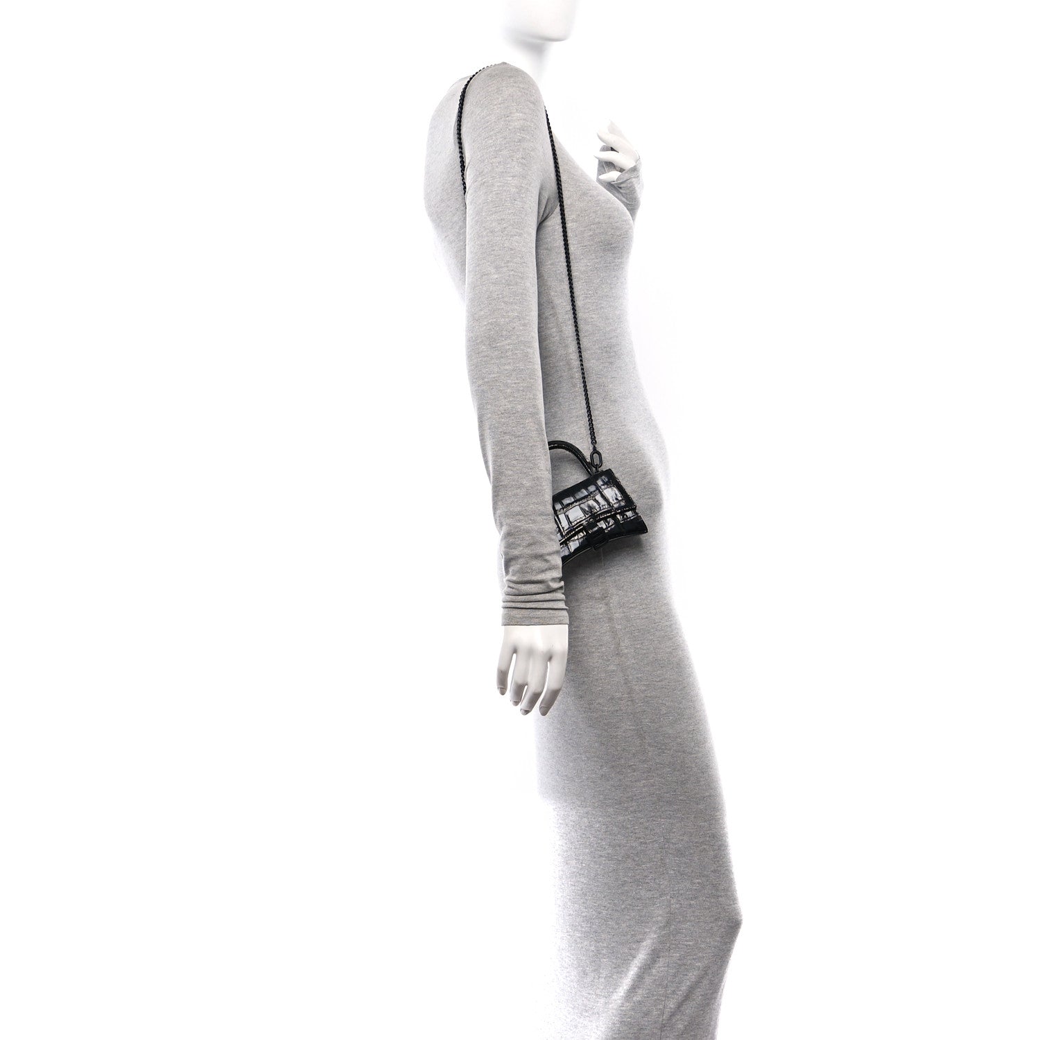 Shiny Calfskin Monochrome Crocodile Embossed Hourglass Top Handle Bag Mini with Chain Black