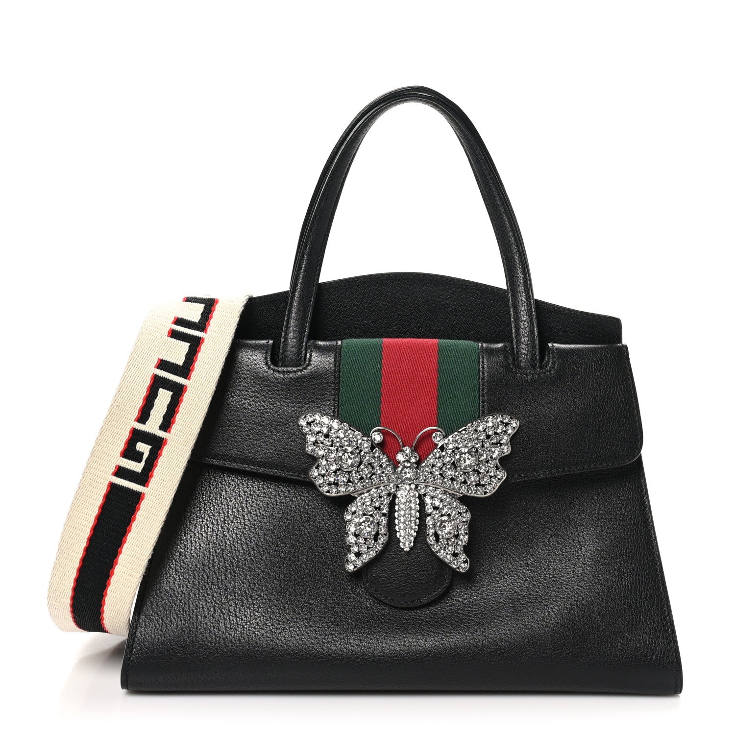 Grained Calfskin Web Crystal Butterfly Stripe Medium Totem Top Handle Bag Black