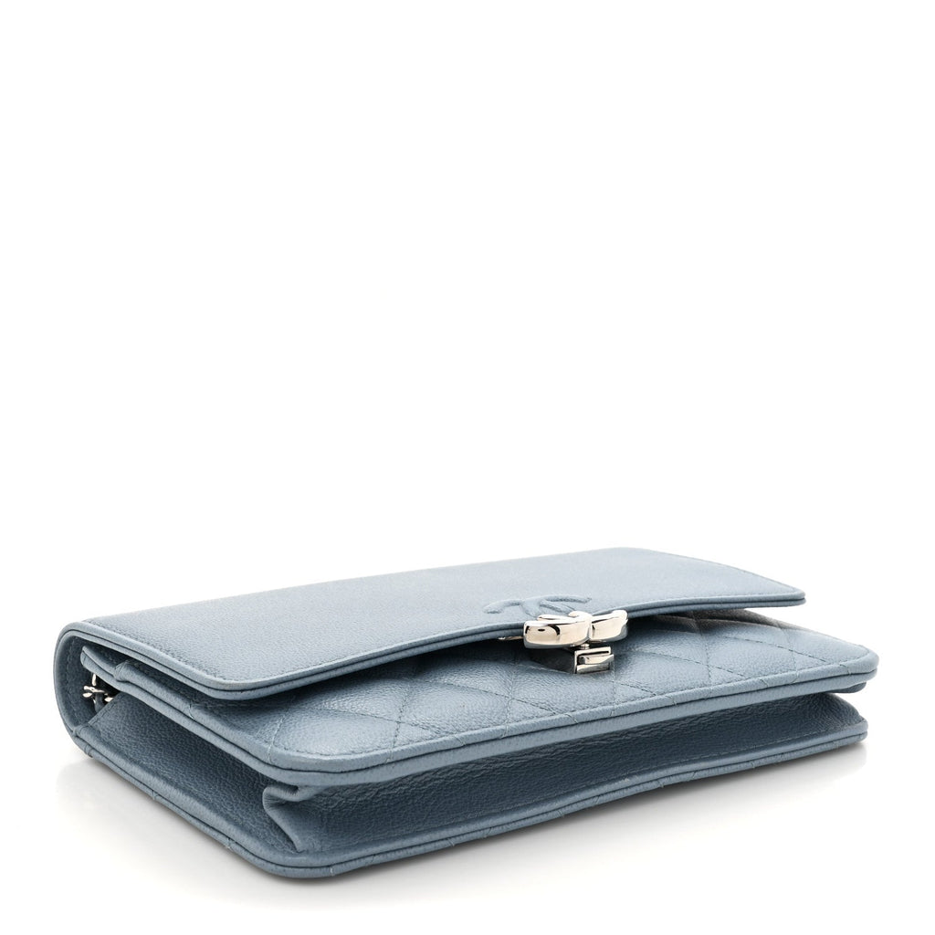 Grained Calfskin Quilted CC Box Wallet On Chain WOC Blue