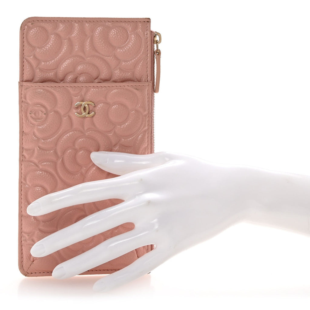 Caviar Camellia Embossed Classic Flat Wallet Pouch Pink