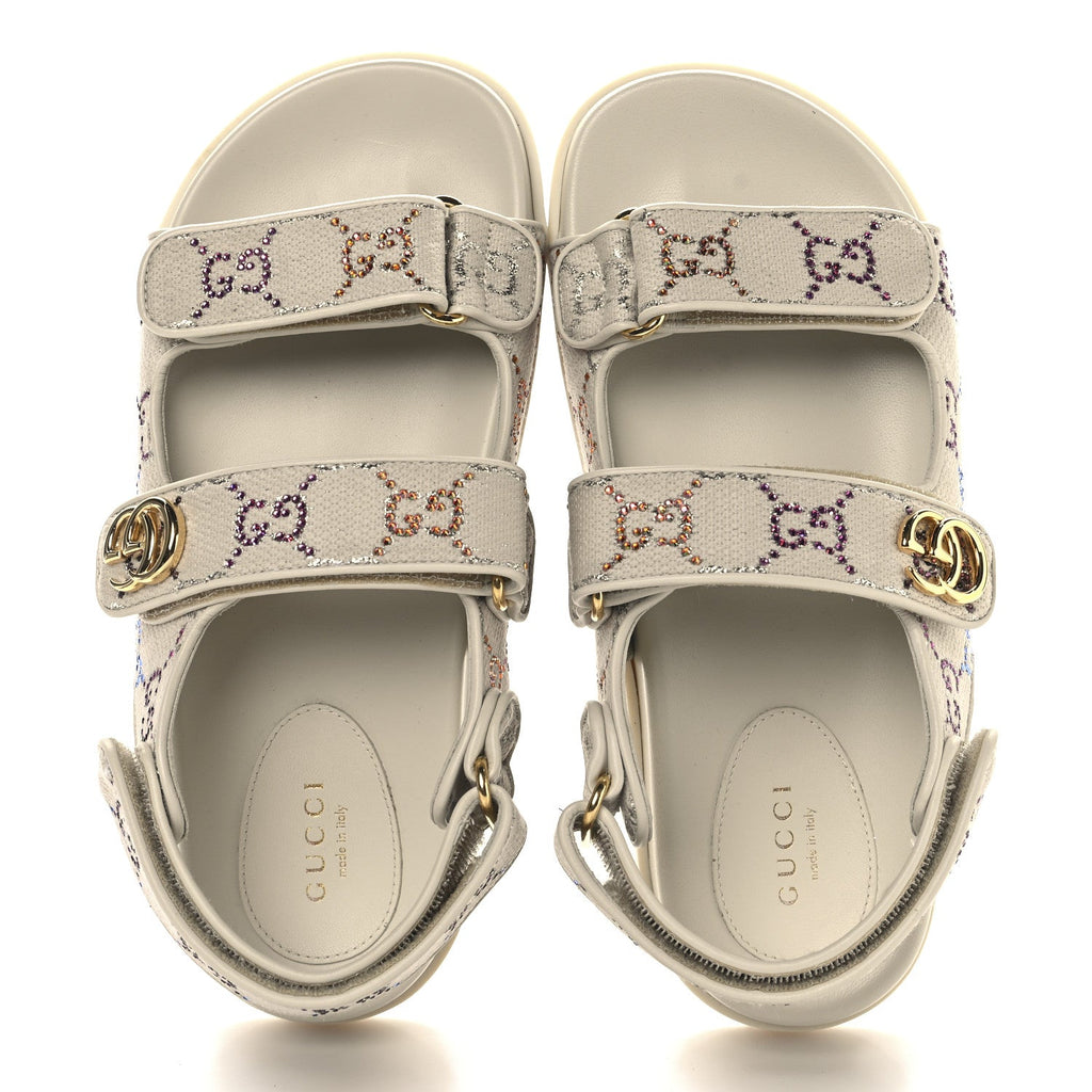Canvas Lame Crystal GG Monogram Double G Womens Dad Sandals 37.5 Gardenia Silver Mystic White