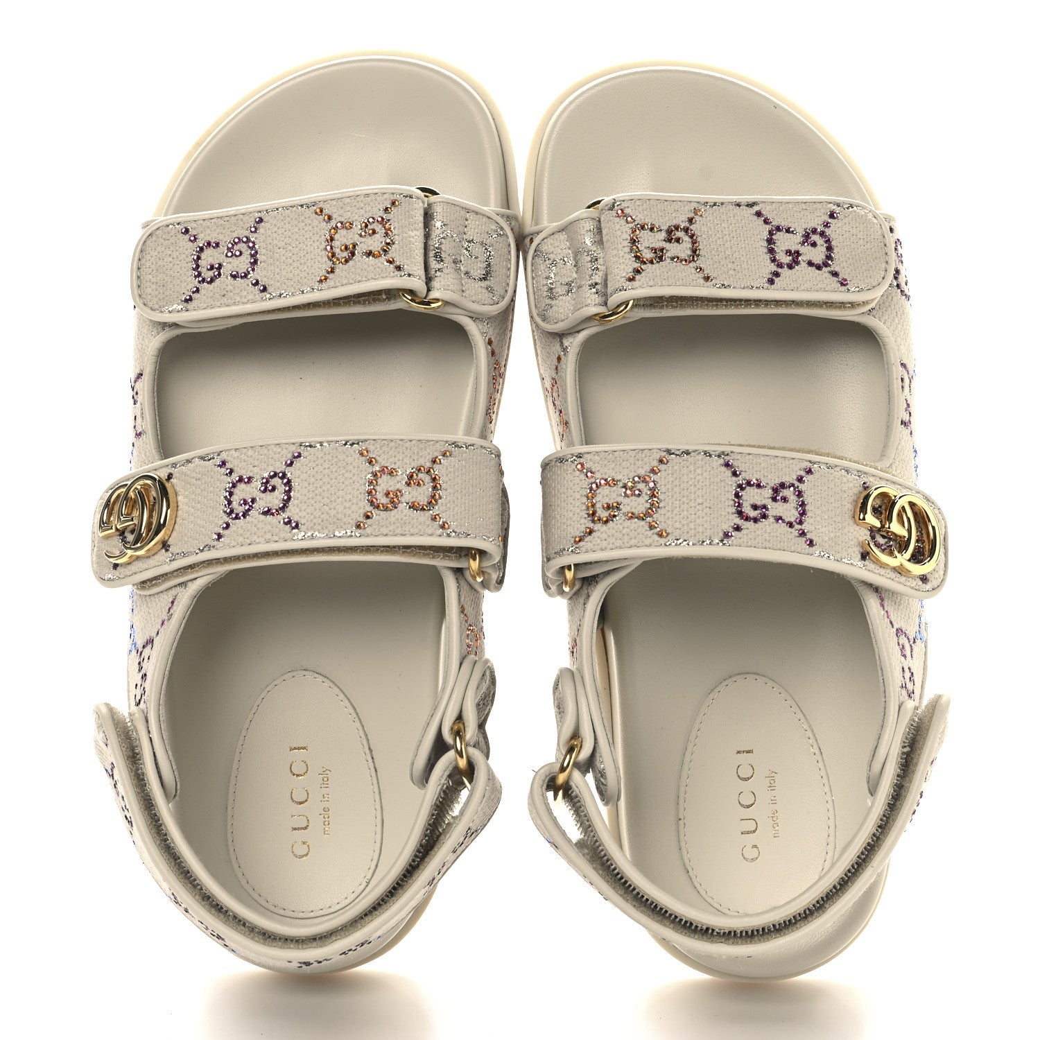 Canvas Lame Crystal GG Monogram Double G Womens Dad Sandals 37.5 Gardenia Silver Mystic White