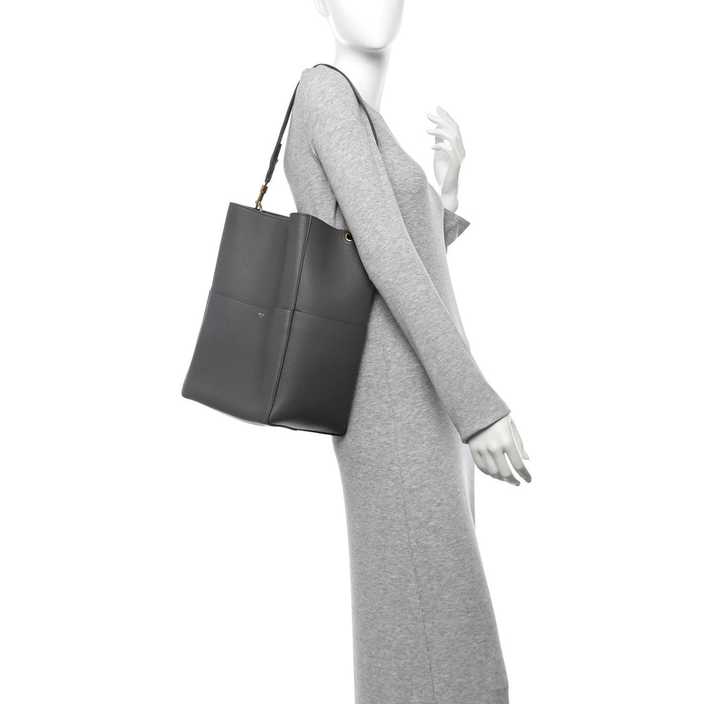 Soft Grained Calfskin Sangle Bucket Bag Grey