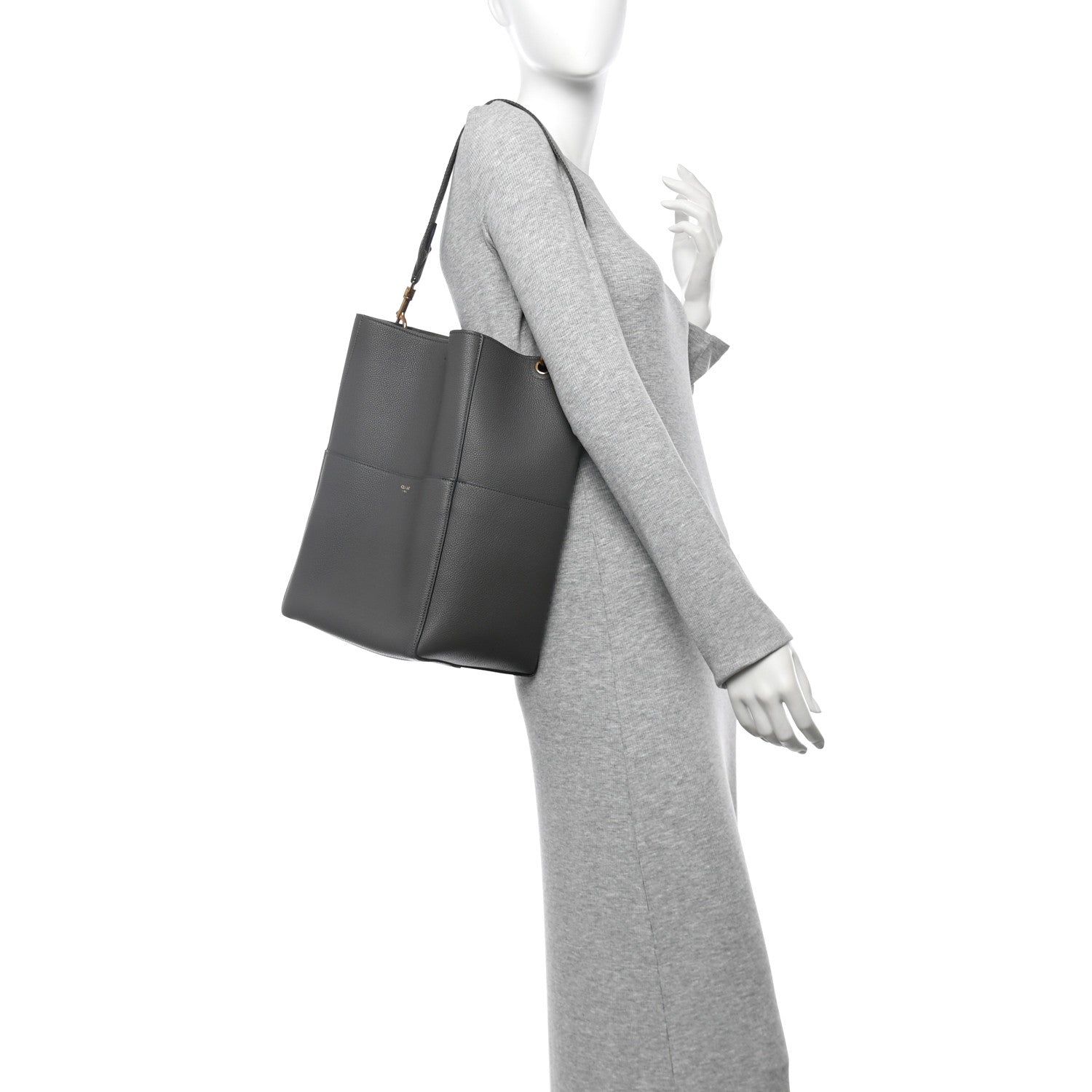Soft Grained Calfskin Sangle Bucket Bag Grey
