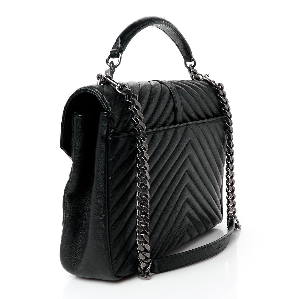 Sheepskin Matelasse Chevron Monogram Large College Satchel Black