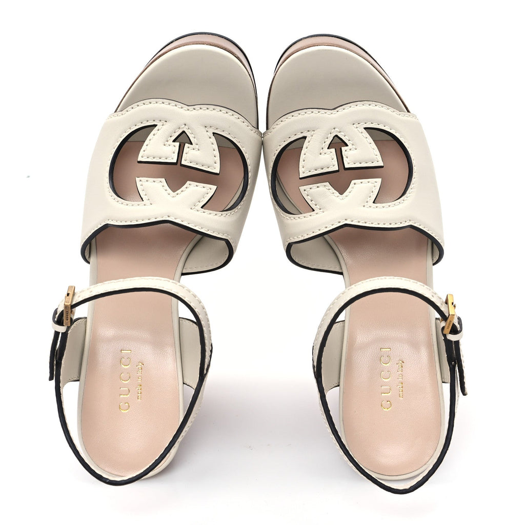 Cosmos Softy Calfskin Wooden Interlocking G Cut-Out 30/120mm Platform Sandals 35 Mystic White
