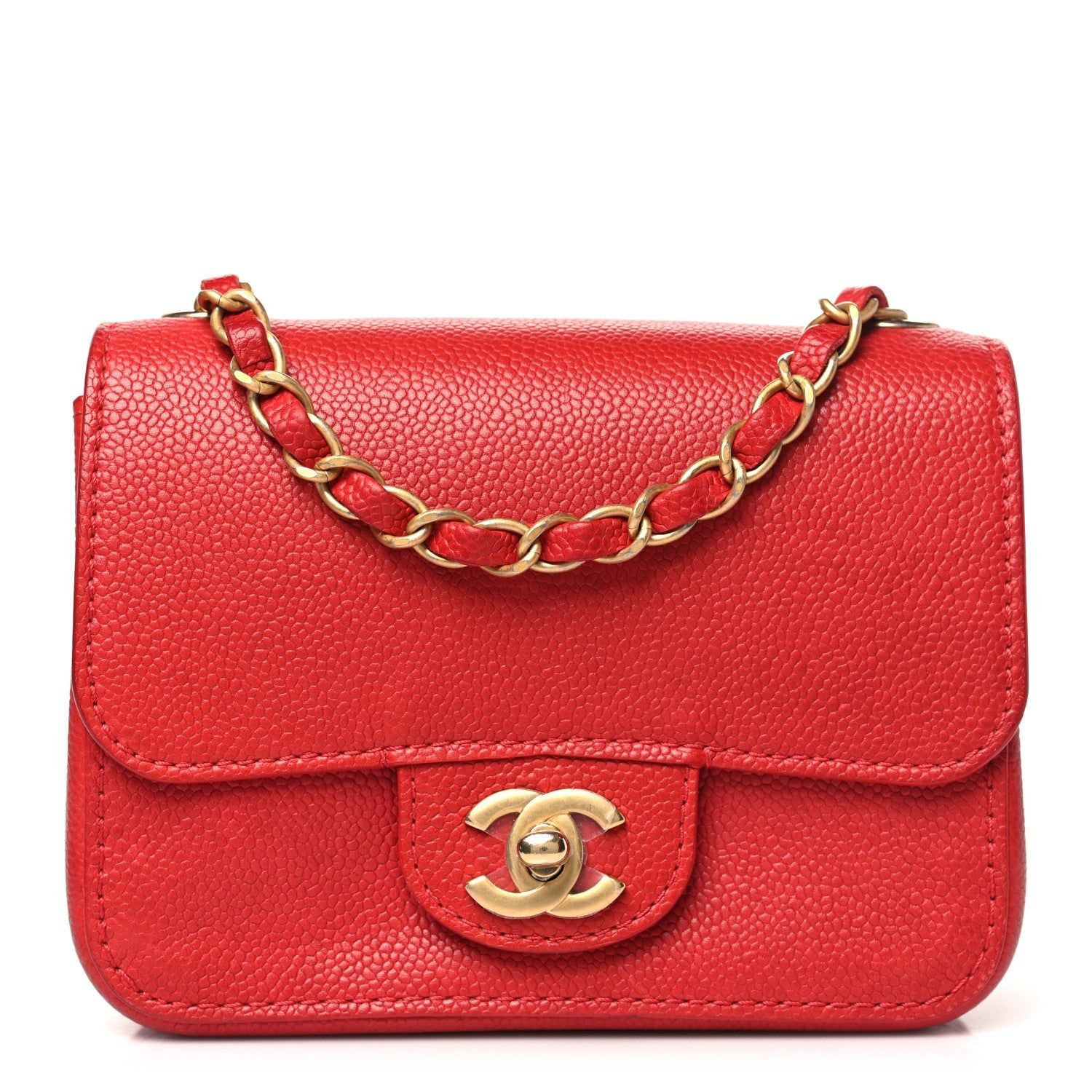 Grained Calfskin Mini Square Classic Pure Flap Red
