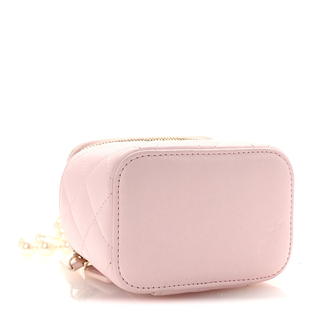 Lambskin Quilted Mini Vanity Case With Pearl Chain Light Pink