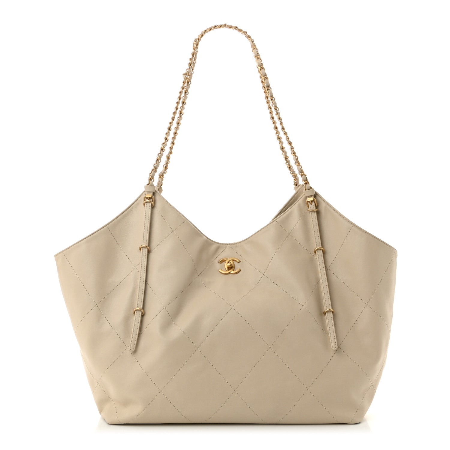 Calfskin Quilted Maxi Coco Large Shopping Bag Beige