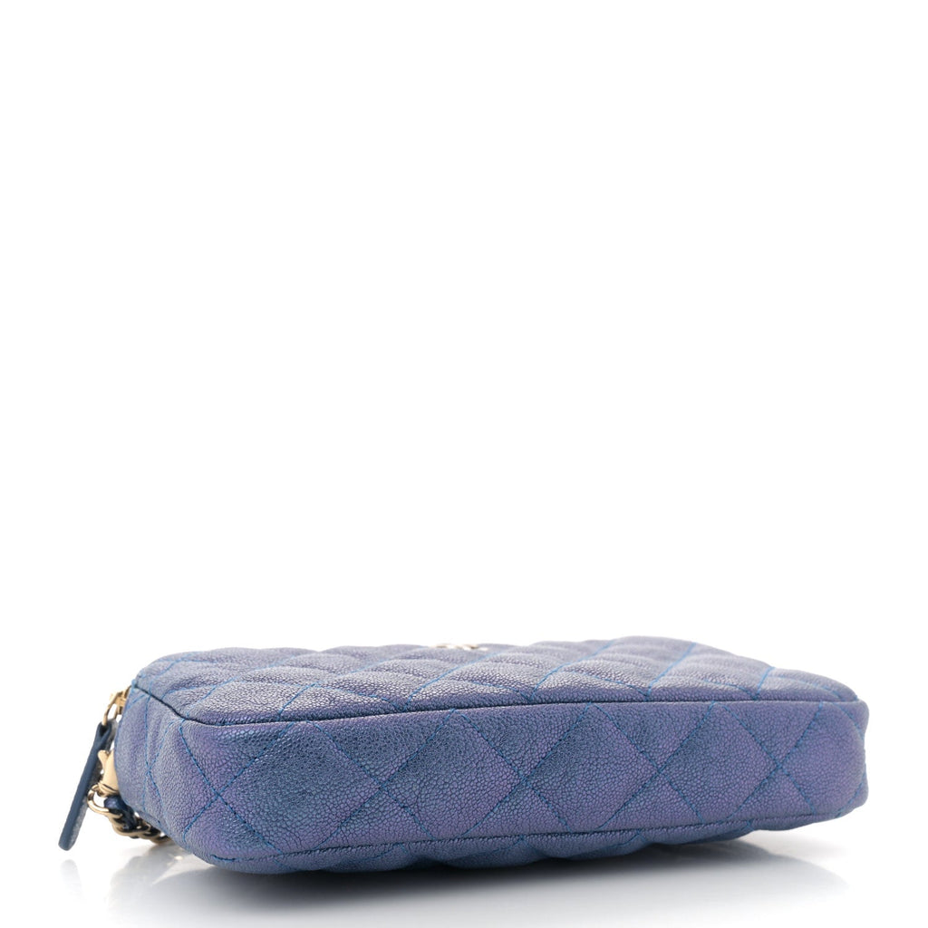 Iridescent Caviar Quilted Clutch With Chain Dark Blue