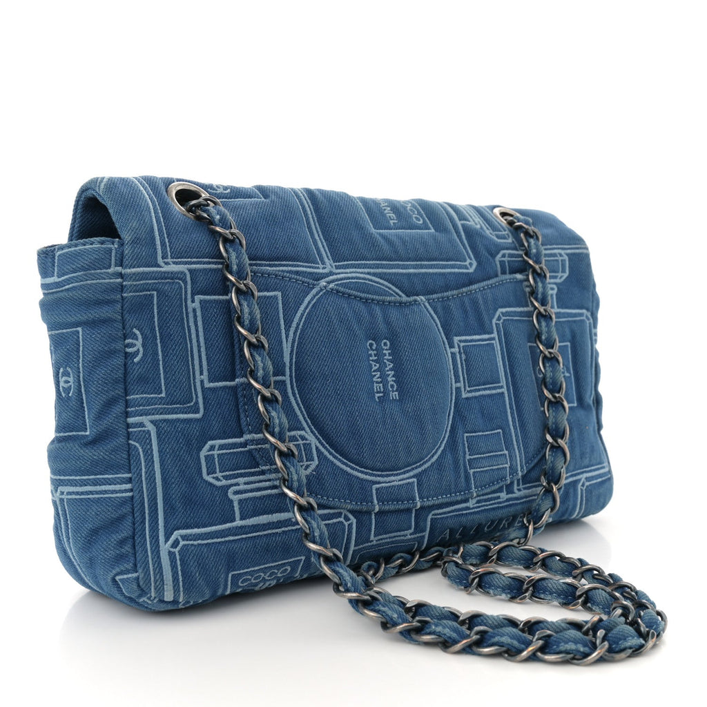 Denim Embroidered Medium Perfume Bottle Flap Light Blue