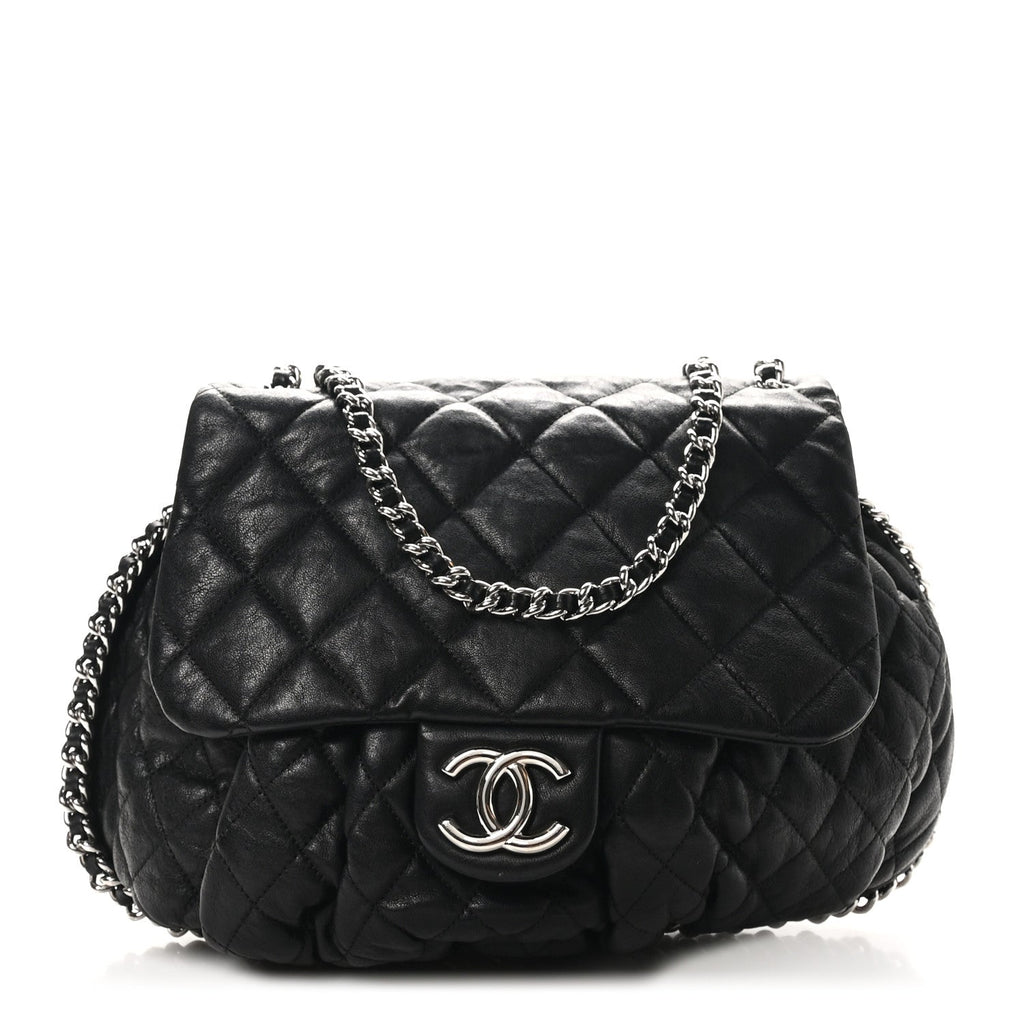 Washed Lambskin Quilted Large Chain Around Messenger Black